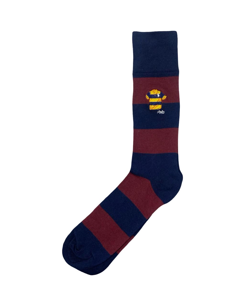 Polo Ralph Lauren Rugby Stripe Crew Socks – Navy & Maroon | Polo Shirt Motif | Factory Leftovers