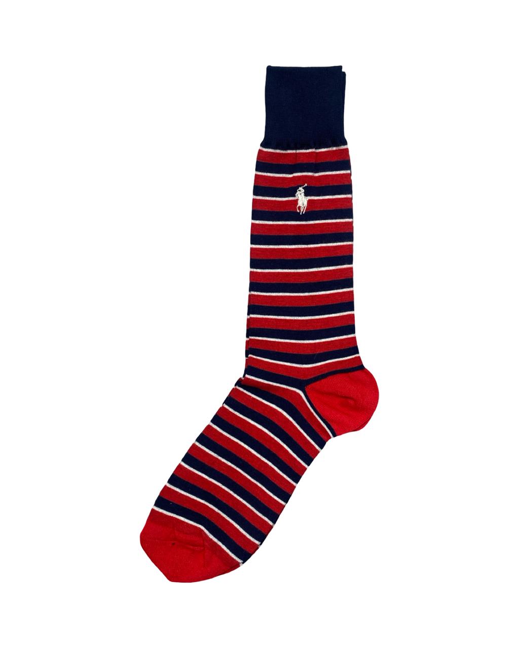 Polo Ralph Lauren Stripe Crew Socks – Navy & Red | White Polo Pony Logo | Factory Leftovers