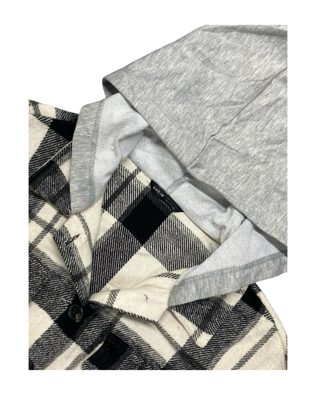 SHEIN Black & White Plaid Hoodie Overshirt | Size Medium| Chest 21.5”
