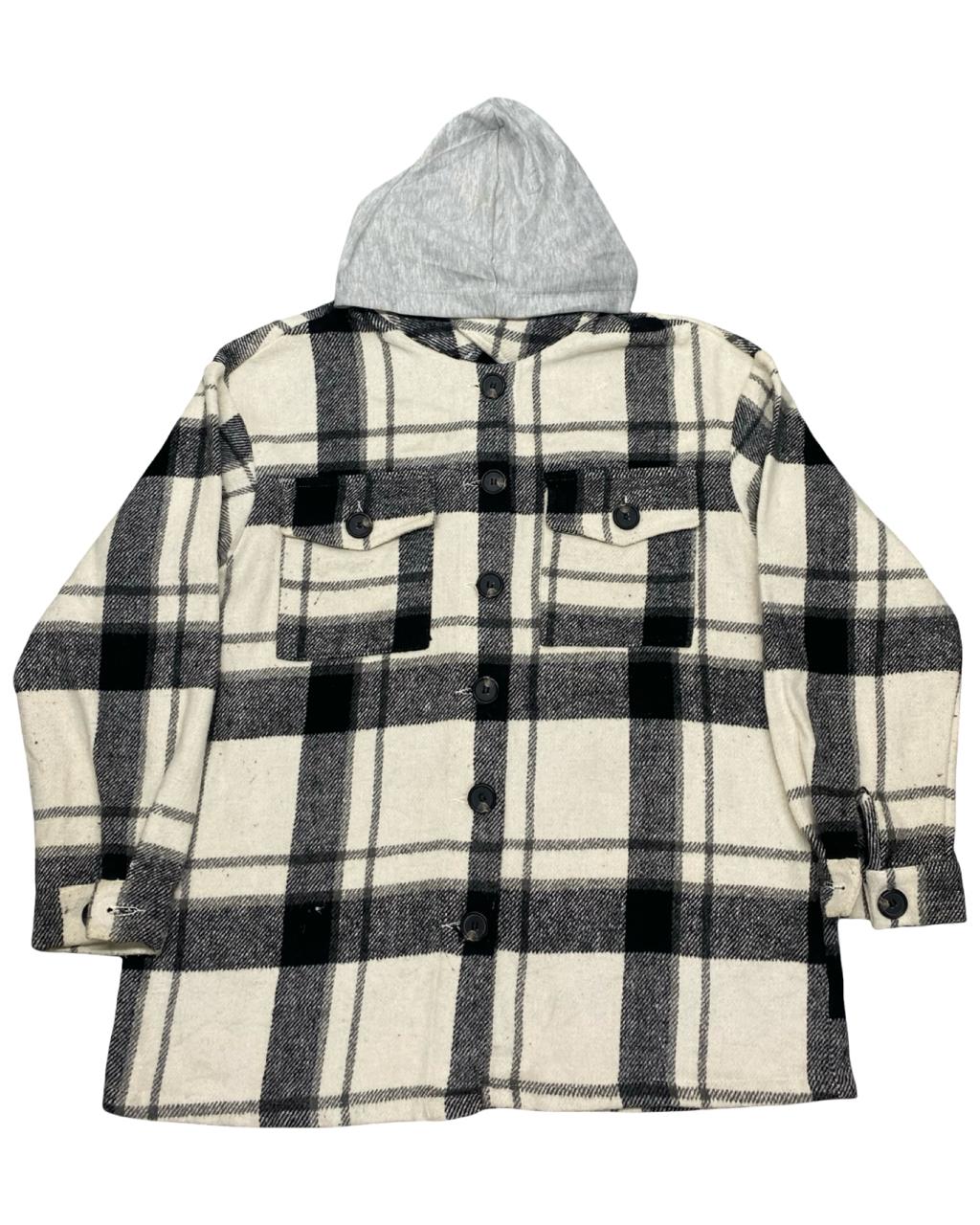 SHEIN Black & White Plaid Hoodie Overshirt | Size Medium| Chest 21.5”