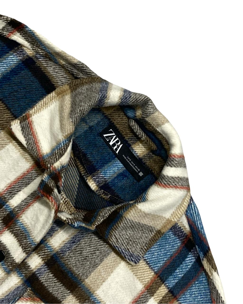 ZARA Blue & Brown Plaid Overshirt | Size Large | Chest 23”