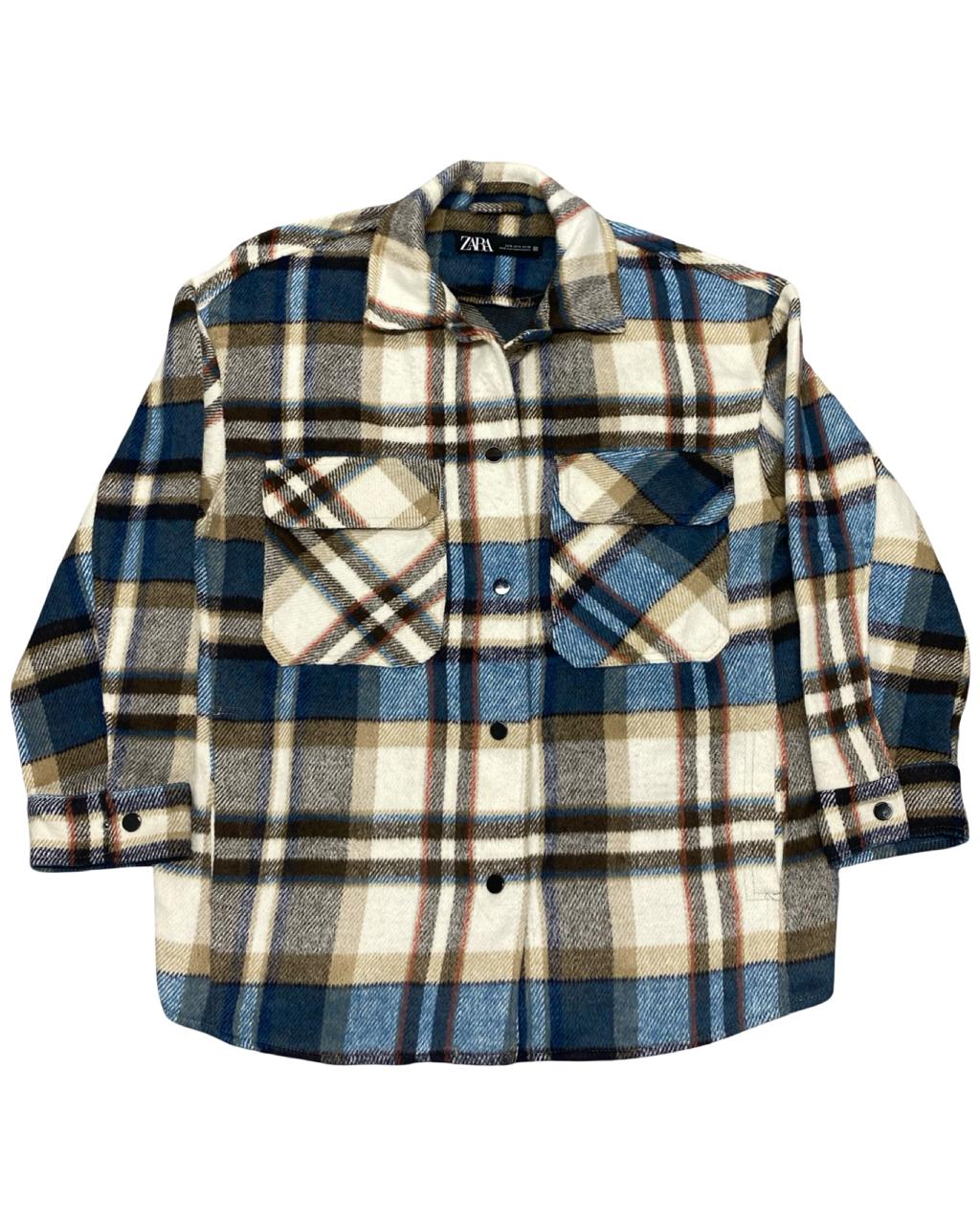 ZARA Blue & Brown Plaid Overshirt | Size Large | Chest 23”