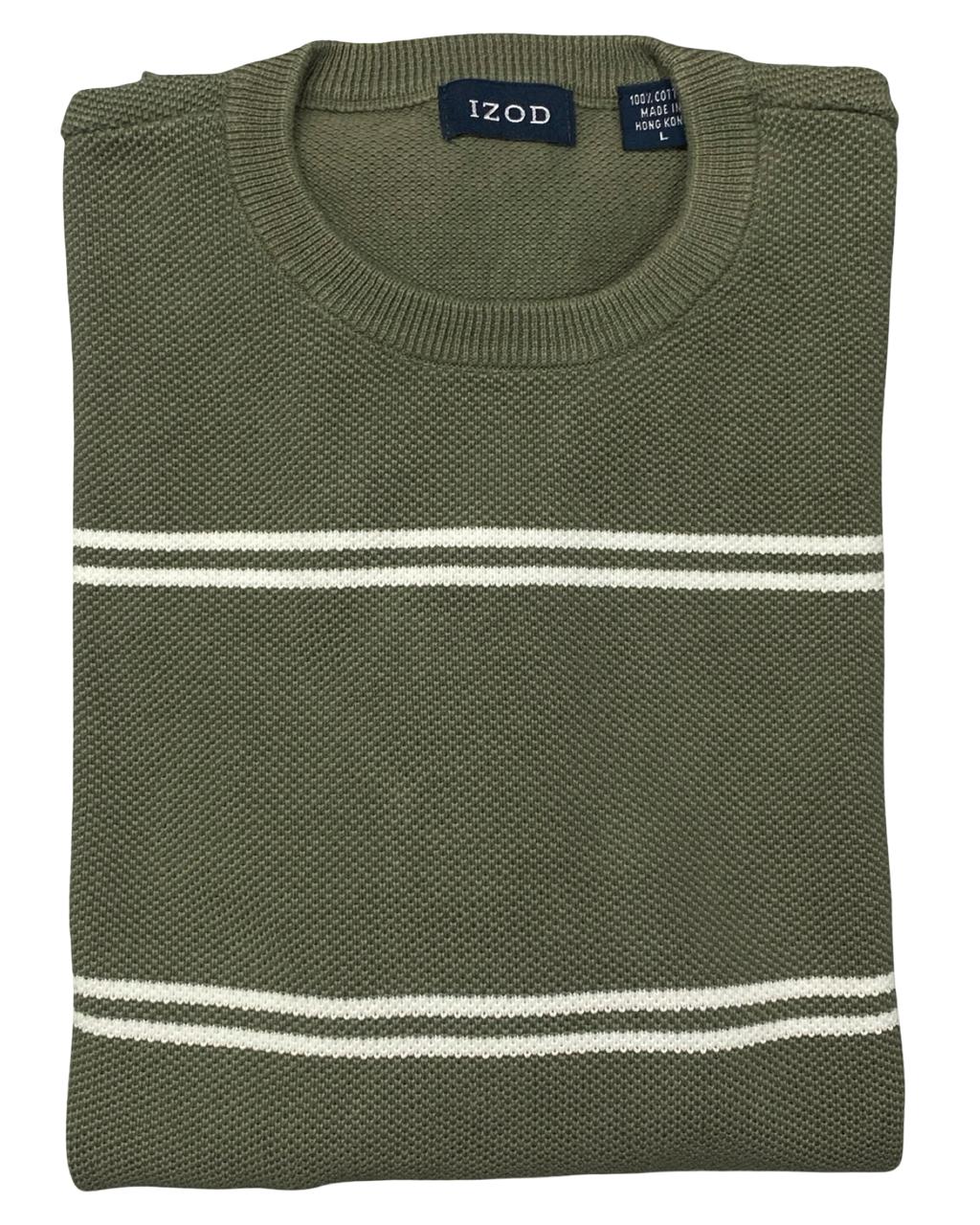 IZOD Olive Green Striped Cotton Sweater | Size Large | Chest 24”