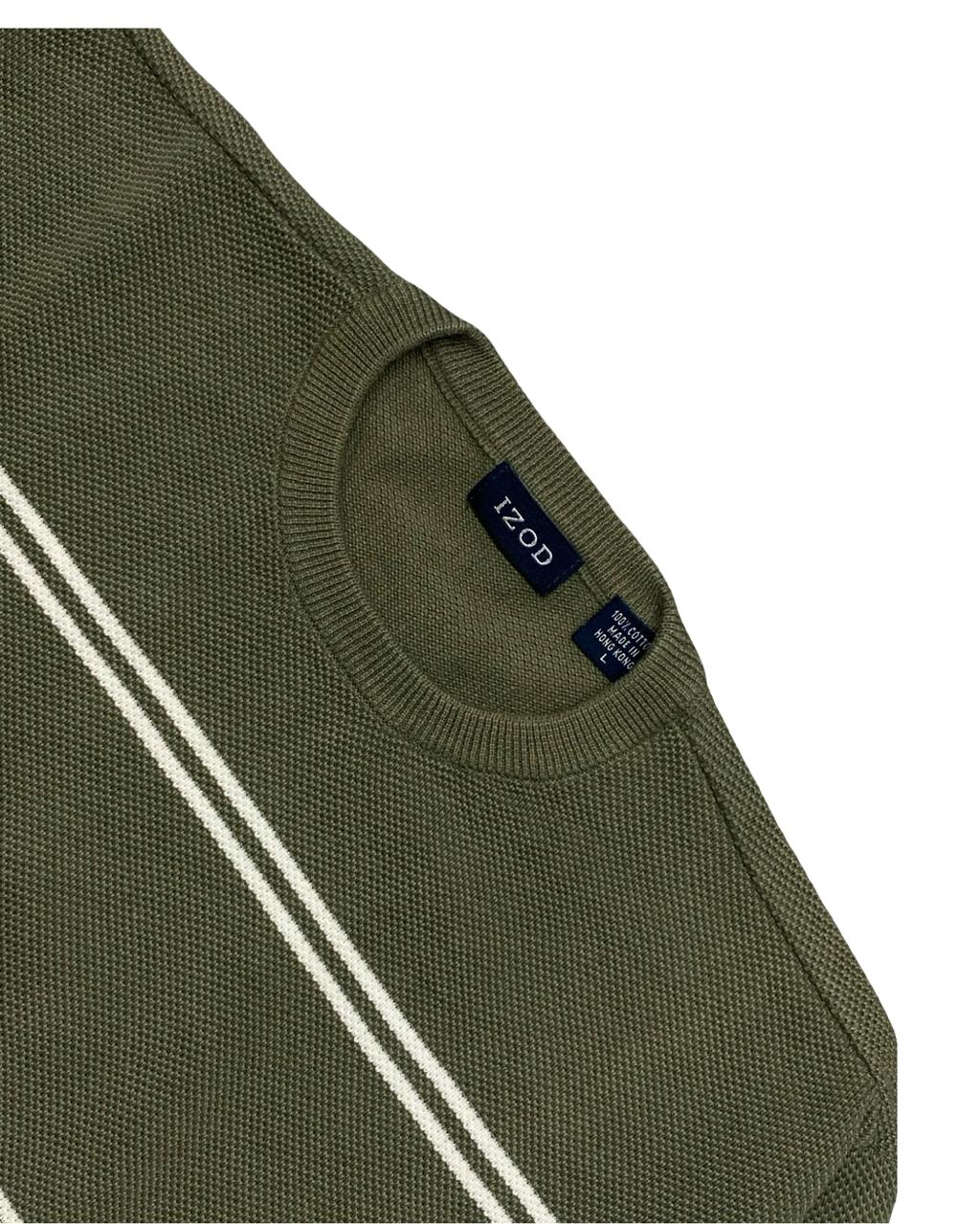 IZOD Olive Green Striped Cotton Sweater | Size Large | Chest 24”