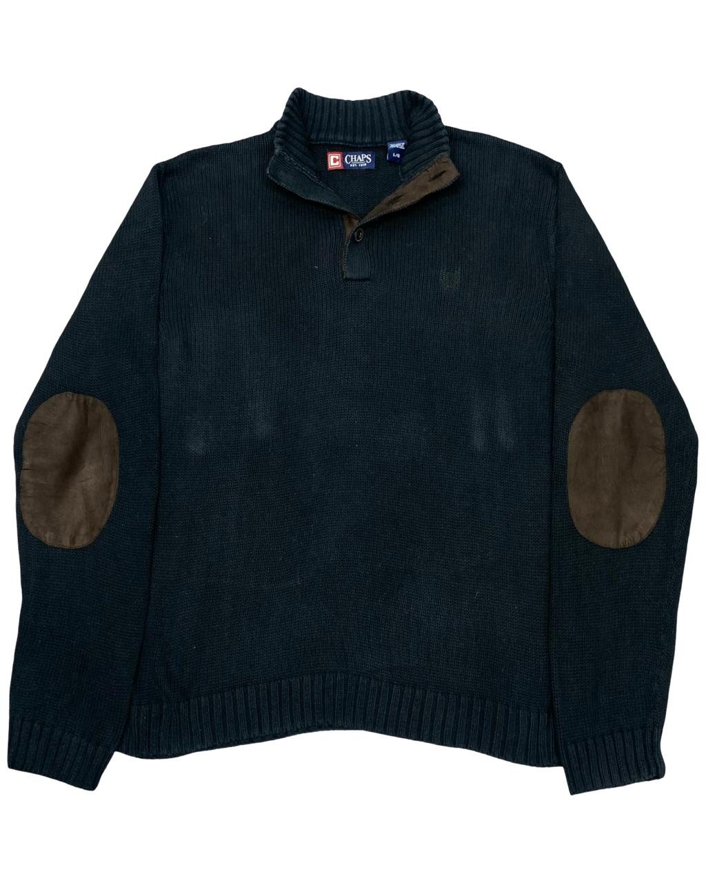 Chaps Black Knit Pullover Sweater with Suede Elbow Patches | Size Large | Chest 23.5”