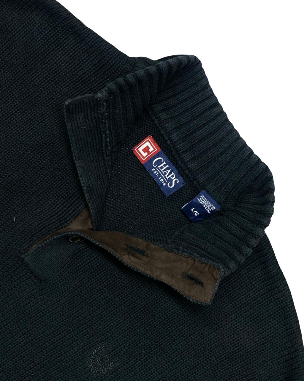 Chaps Black Knit Pullover Sweater with Suede Elbow Patches | Size Large | Chest 23.5”