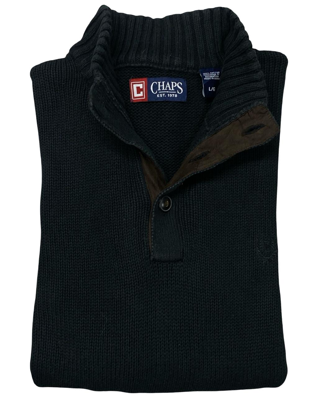 Chaps Black Knit Pullover Sweater with Suede Elbow Patches | Size Large | Chest 23.5”