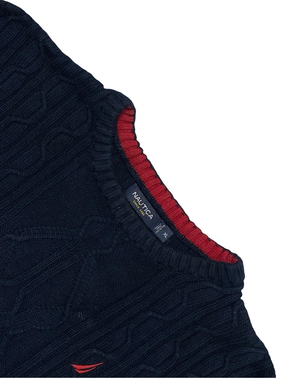 NAUTICA Navy Cable Knit Sweater with Red Logo | Size XL | Chest 25.5”