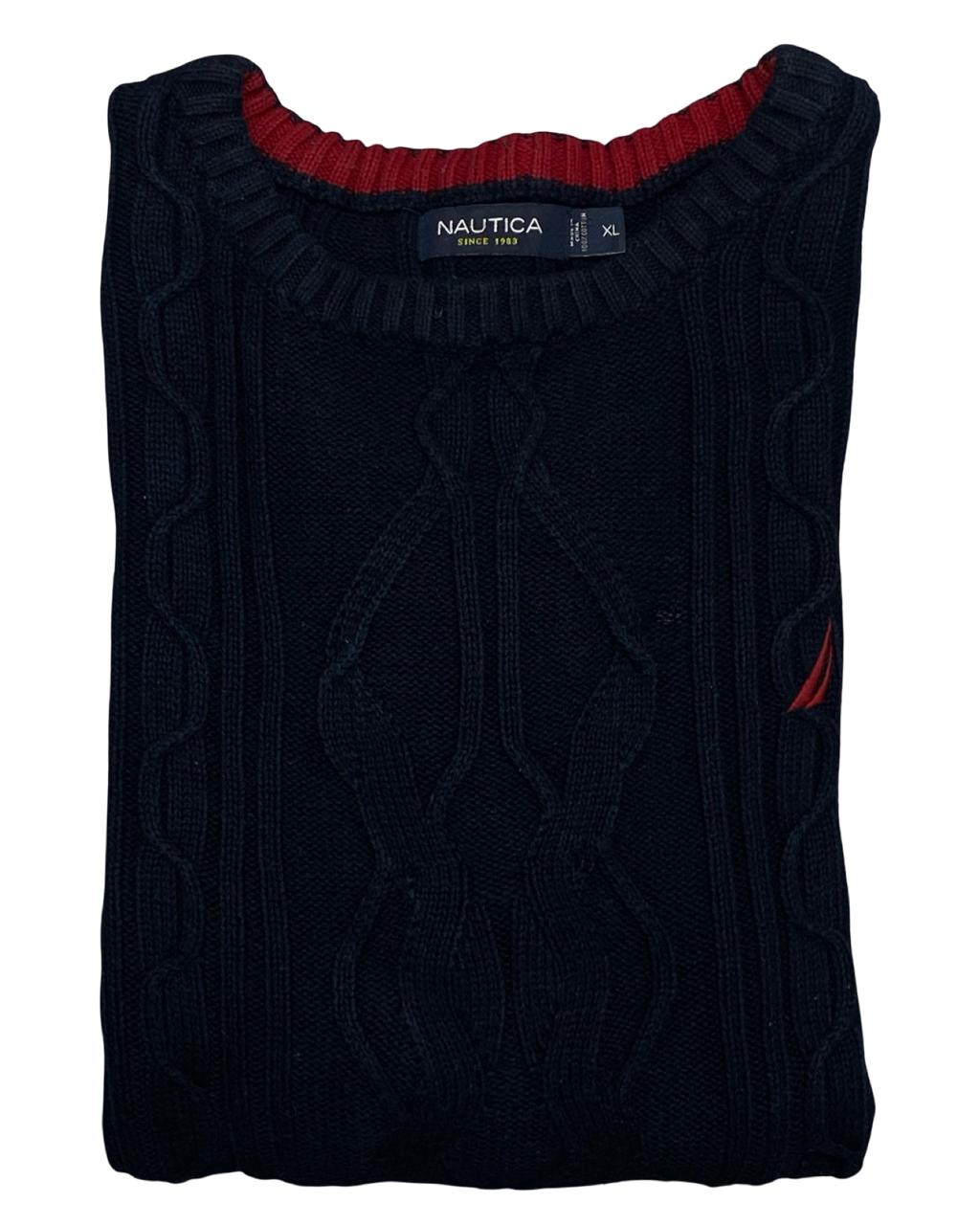 NAUTICA Navy Cable Knit Sweater with Red Logo | Size XL | Chest 25.5”