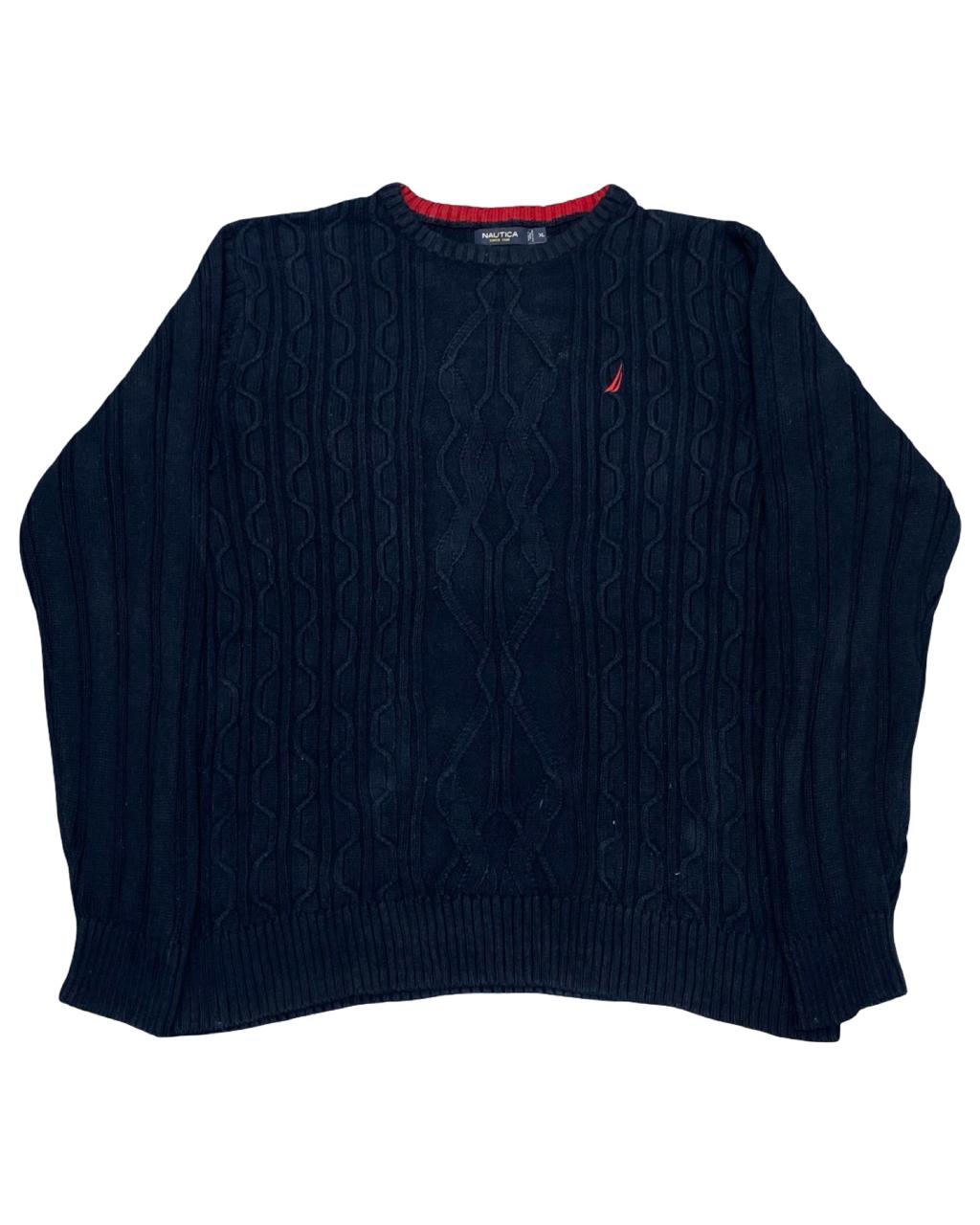 NAUTICA Navy Cable Knit Sweater with Red Logo | Size XL | Chest 25.5”