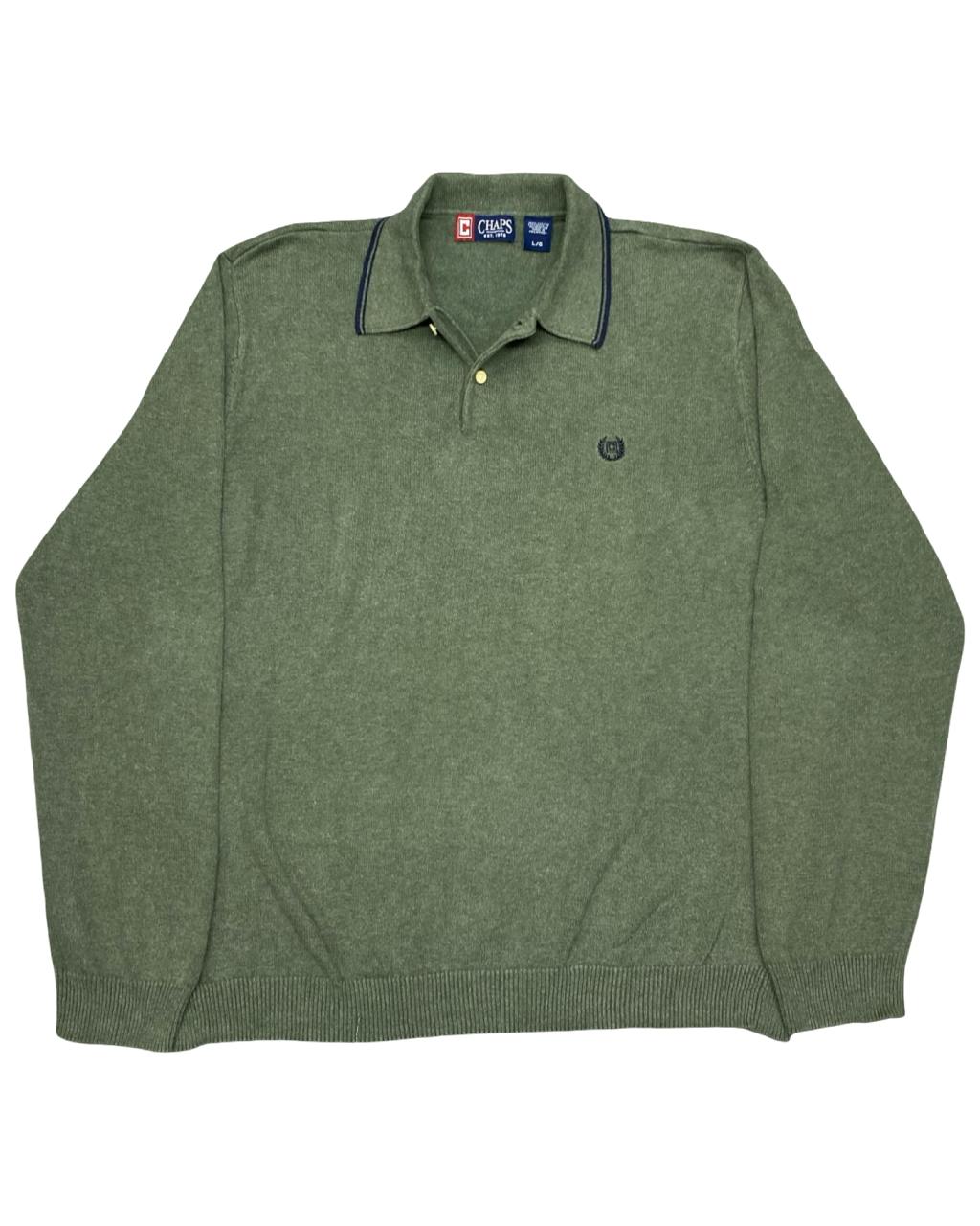 CHAPS Green Cotton Knit Polo Sweater | Size Large | Chest 23.5”