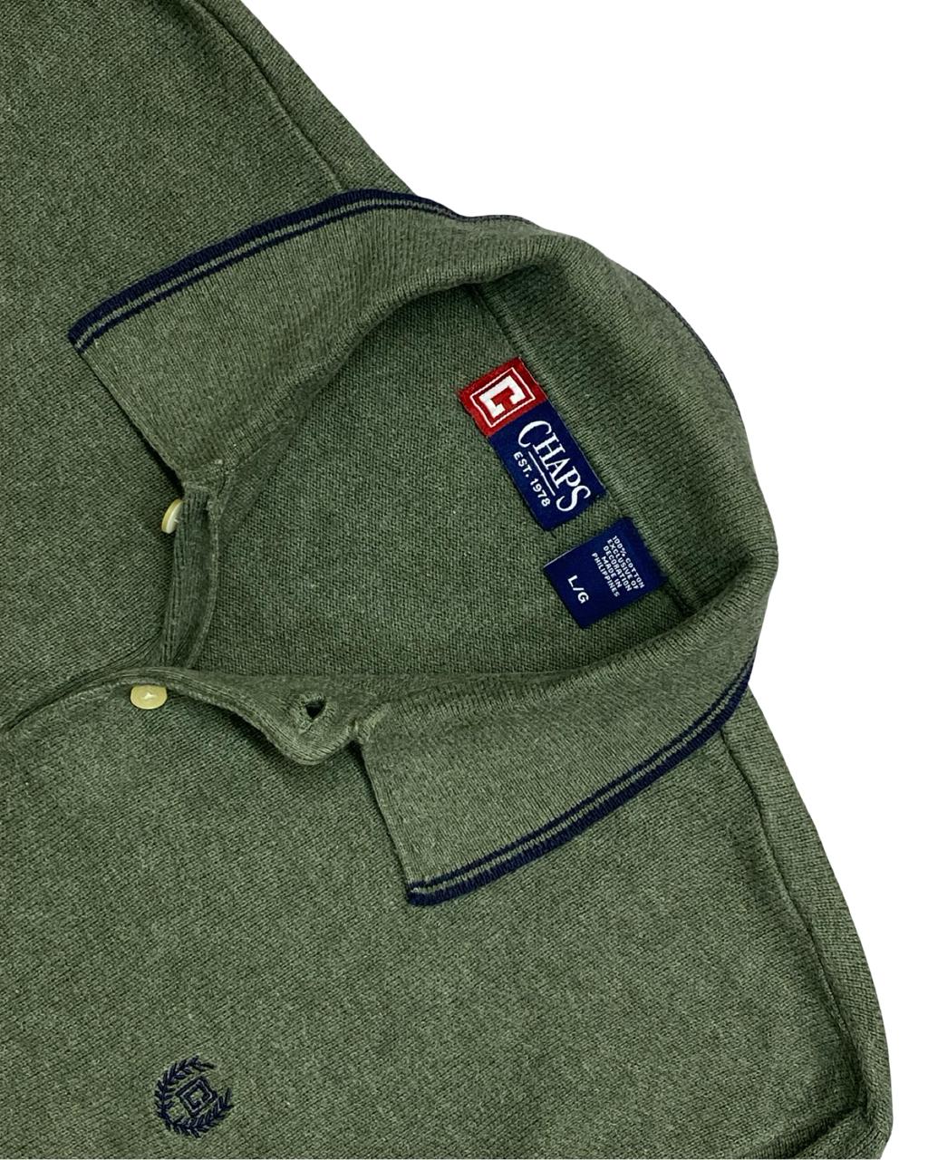 CHAPS Green Cotton Knit Polo Sweater | Size Large | Chest 23.5”