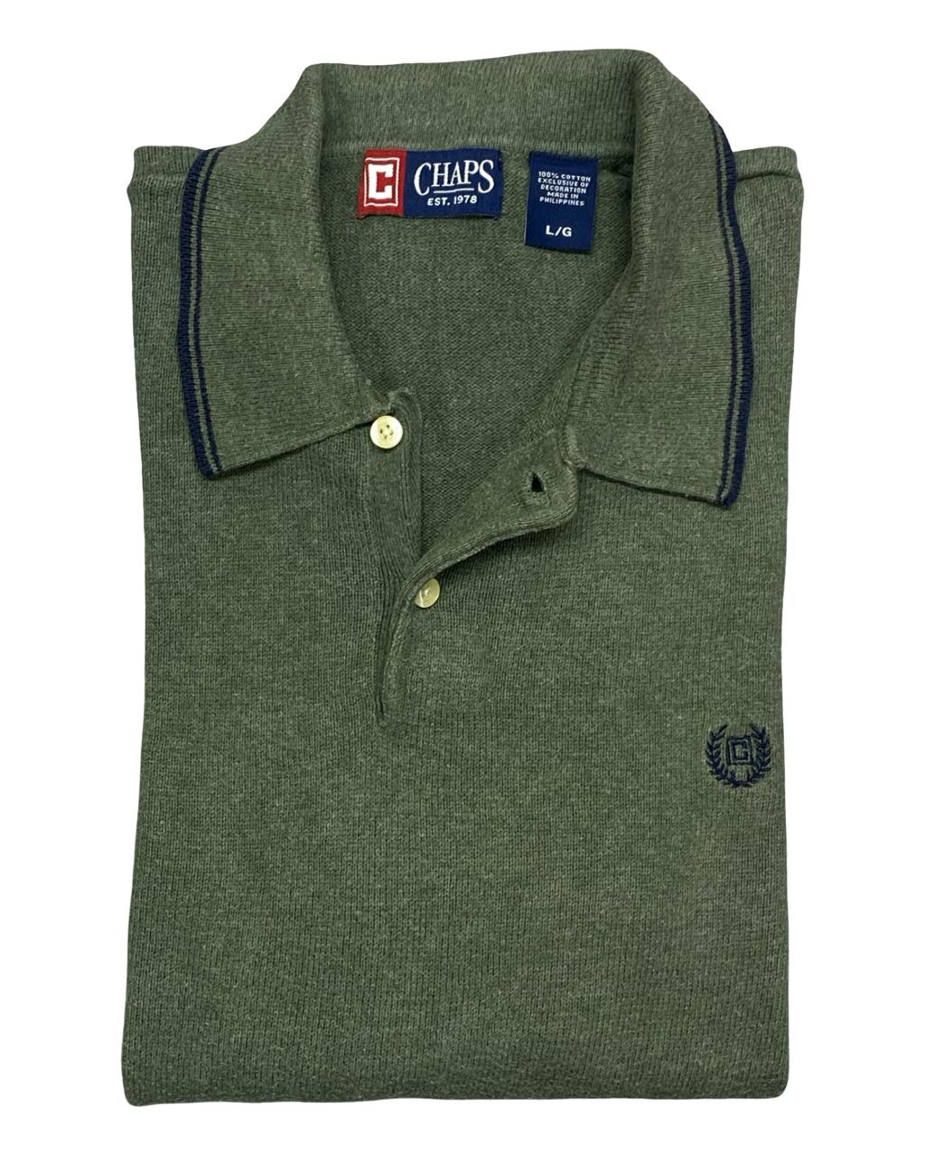 CHAPS Green Cotton Knit Polo Sweater | Size Large | Chest 23.5”