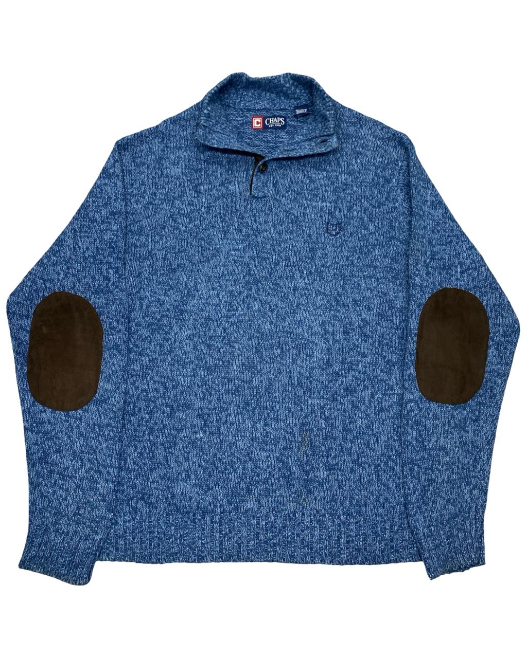 CHAPS Blue Marled Mock Neck Sweater w/ Suede Elbow Patches | Size XL | Chest 25.5”