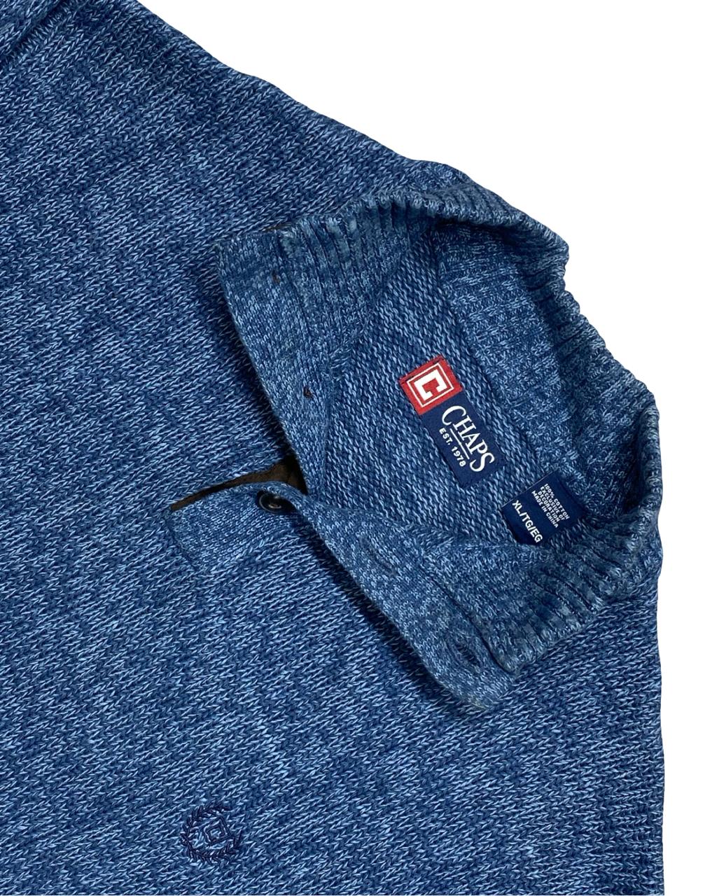 CHAPS Blue Marled Mock Neck Sweater w/ Suede Elbow Patches | Size XL | Chest 25.5”