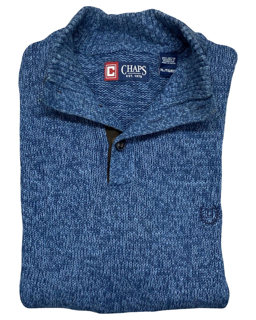 CHAPS Blue Marled Mock Neck Sweater w/ Suede Elbow Patches | Size XL | Chest 25.5”