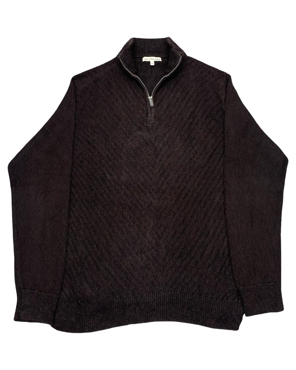 Calvin Klein Jeans Brown Chevron Knit Quarter-Zip Sweater | Size Medium | Chest 22.5”