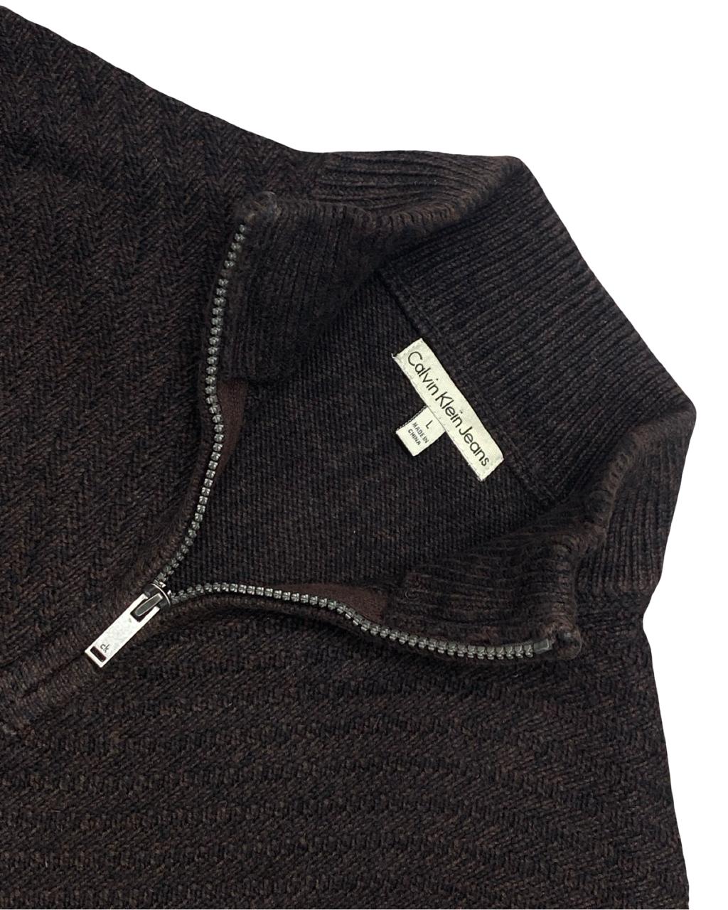 Calvin Klein Jeans Brown Chevron Knit Quarter-Zip Sweater | Size Medium | Chest 22.5”