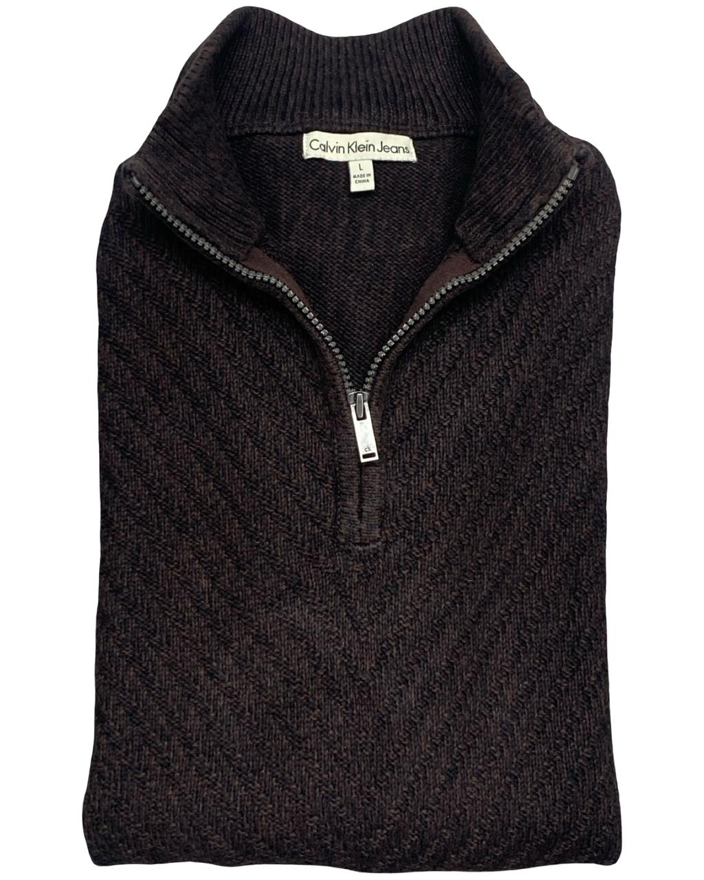 Calvin Klein Jeans Brown Chevron Knit Quarter-Zip Sweater | Size Medium | Chest 22.5”