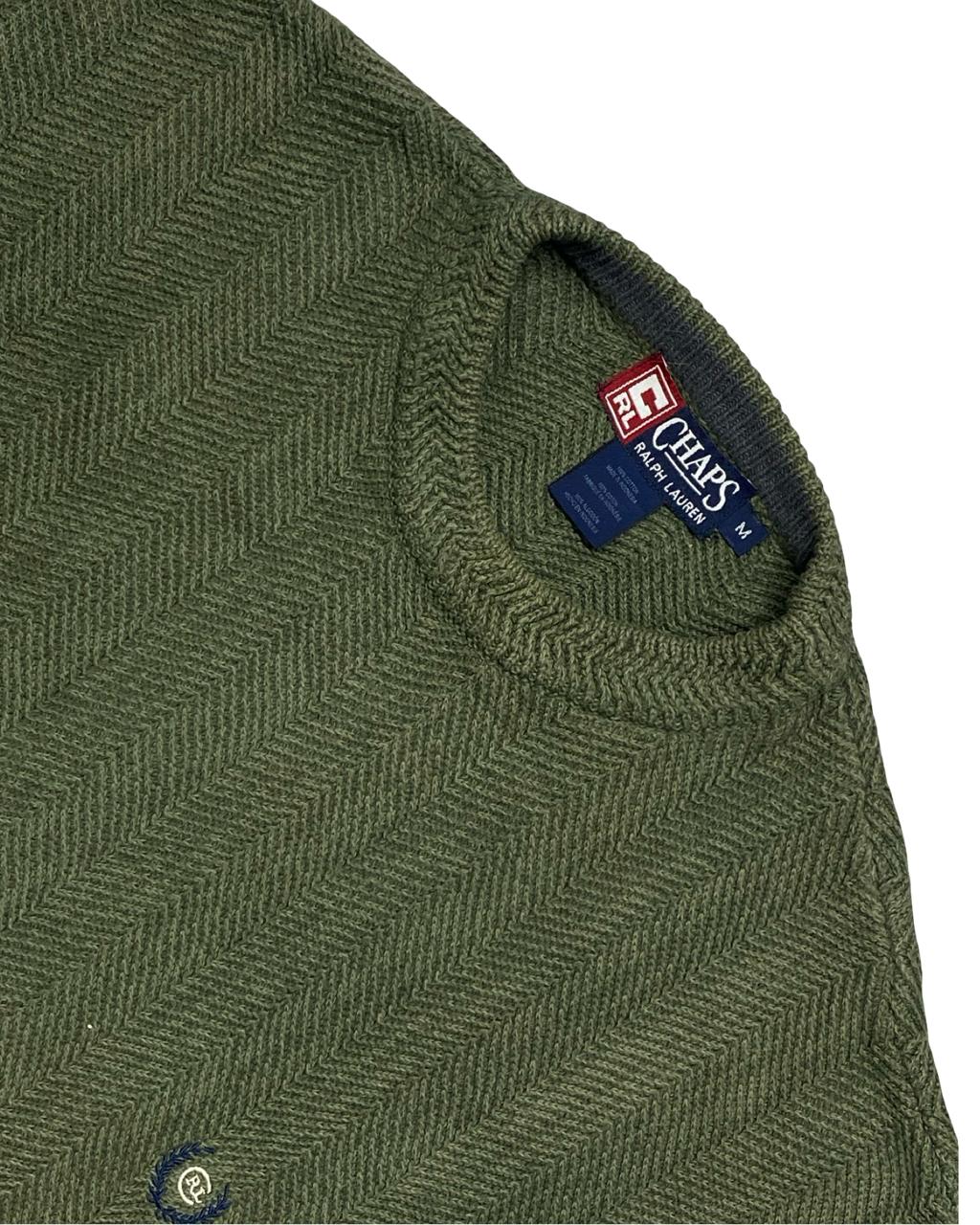 Chaps RL Olive Green Herringbone Knit Sweater | Size Medium | Chest 22.5”