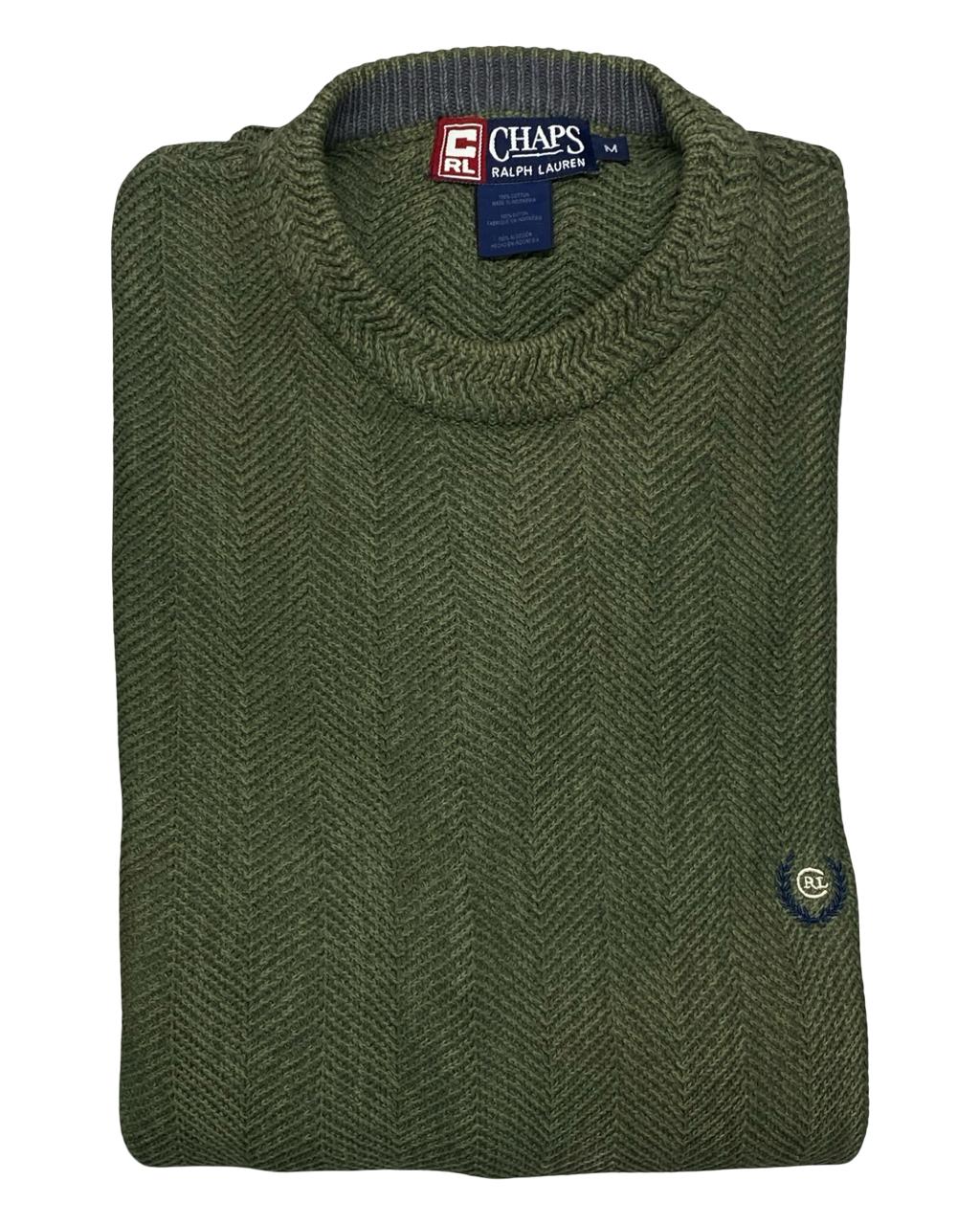 Chaps RL Olive Green Herringbone Knit Sweater | Size Medium | Chest 22.5”