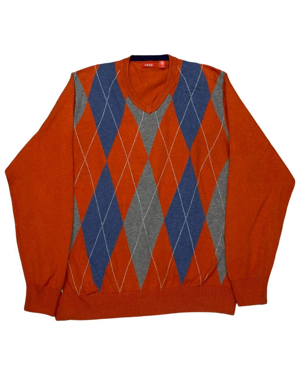 IZOD Orange Argyle V-Neck Sweater | Size Large | Chest 23.5”