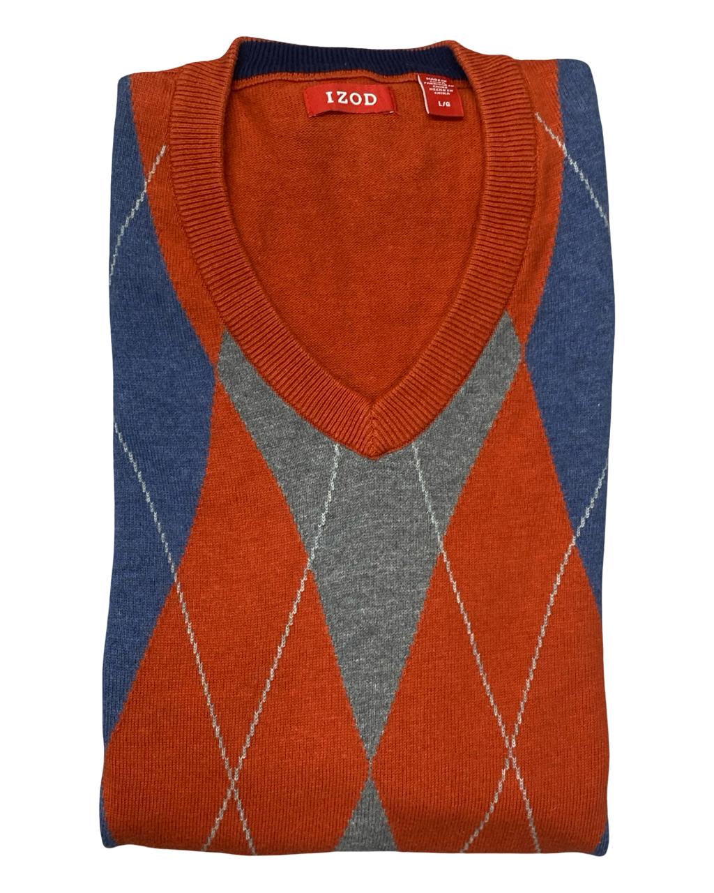 IZOD Orange Argyle V-Neck Sweater | Size Large | Chest 23.5”