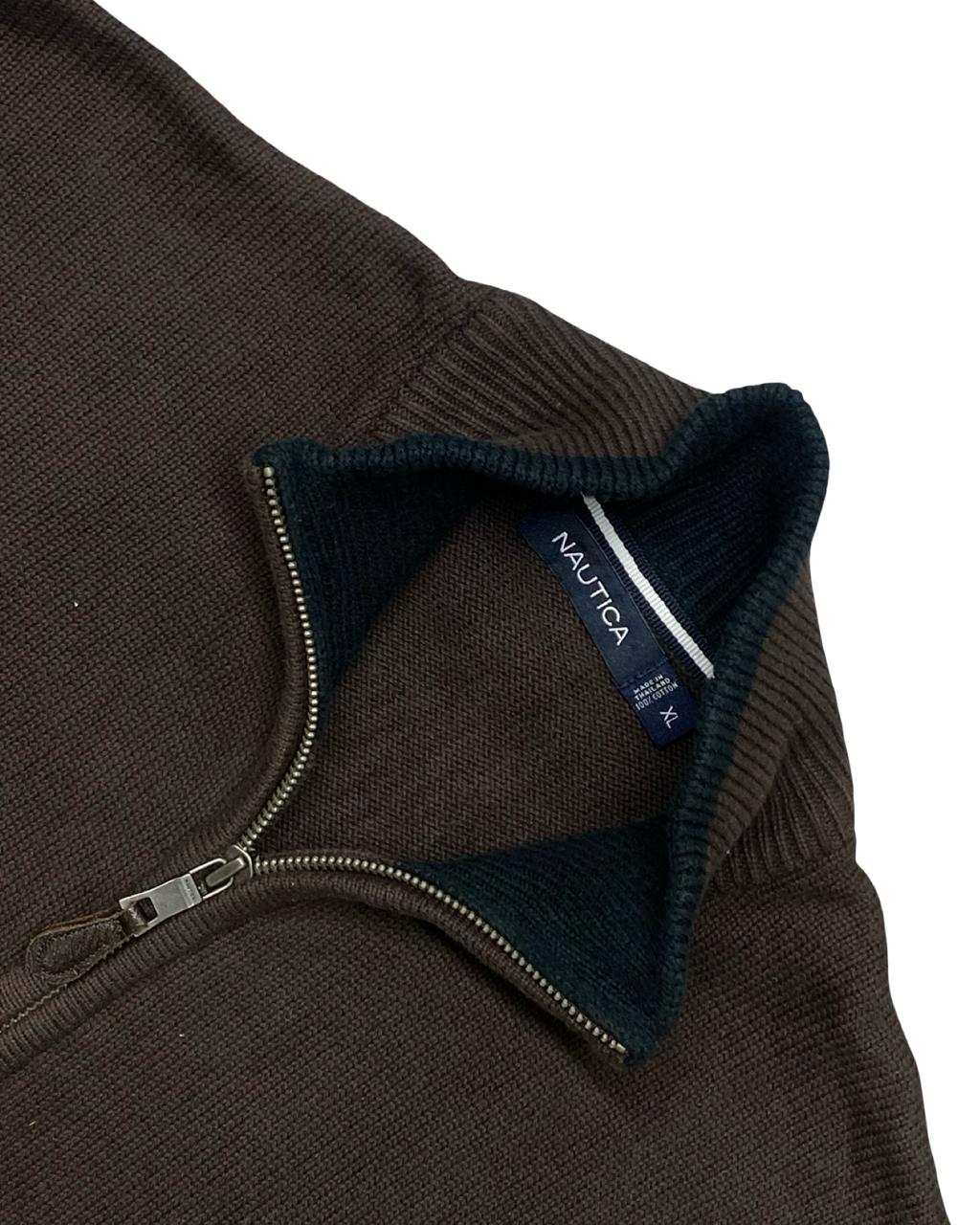 Nautica Brown Full-Zip Mock Neck Sweater | Size Large | Chest 24”