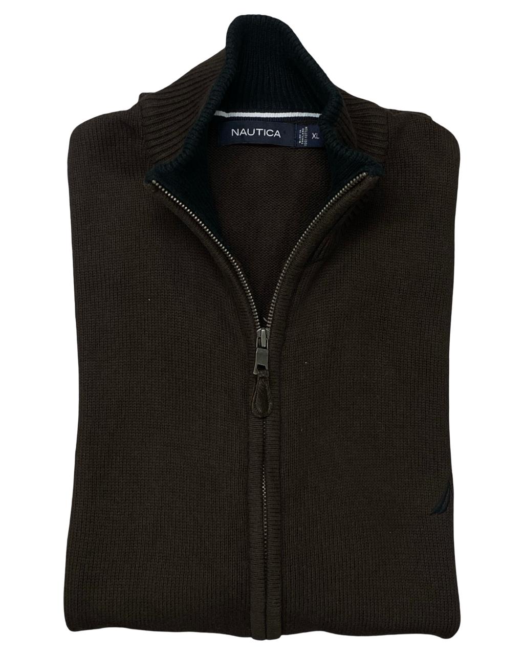 Nautica Brown Full-Zip Mock Neck Sweater | Size Large | Chest 24”
