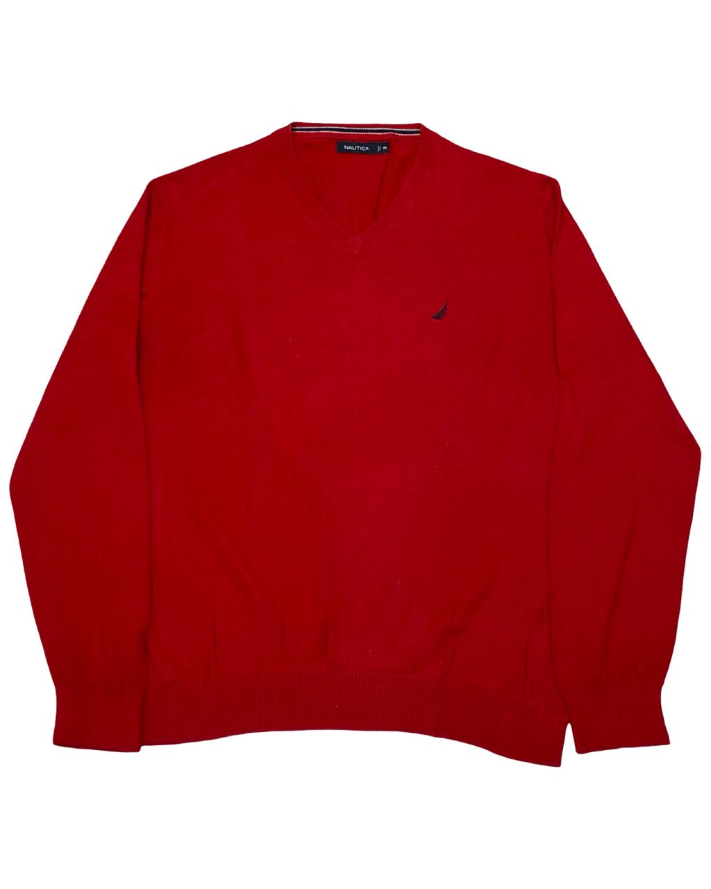 Nautica Red V-Neck Cotton Sweater | Size XL | Chest 26.5”