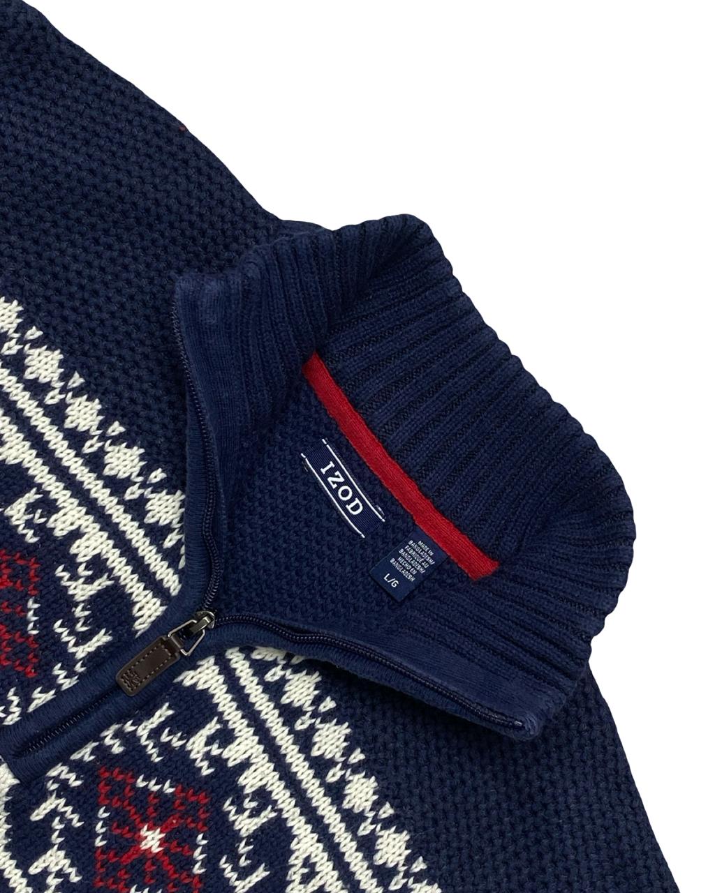 IZOD Navy Fair Isle Quarter-Zip Sweater | Size Large | Chest 23”