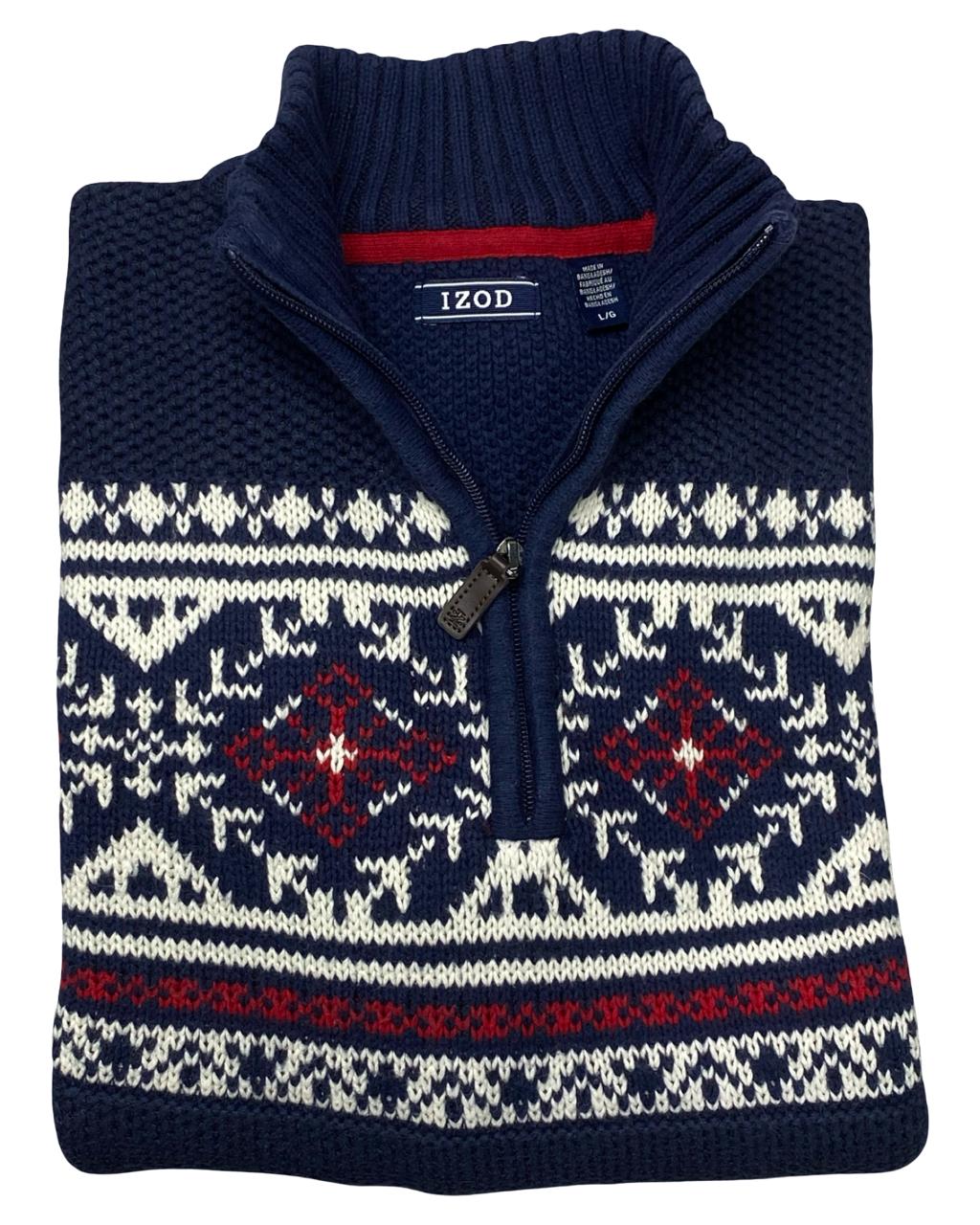 IZOD Navy Fair Isle Quarter-Zip Sweater | Size Large | Chest 23”
