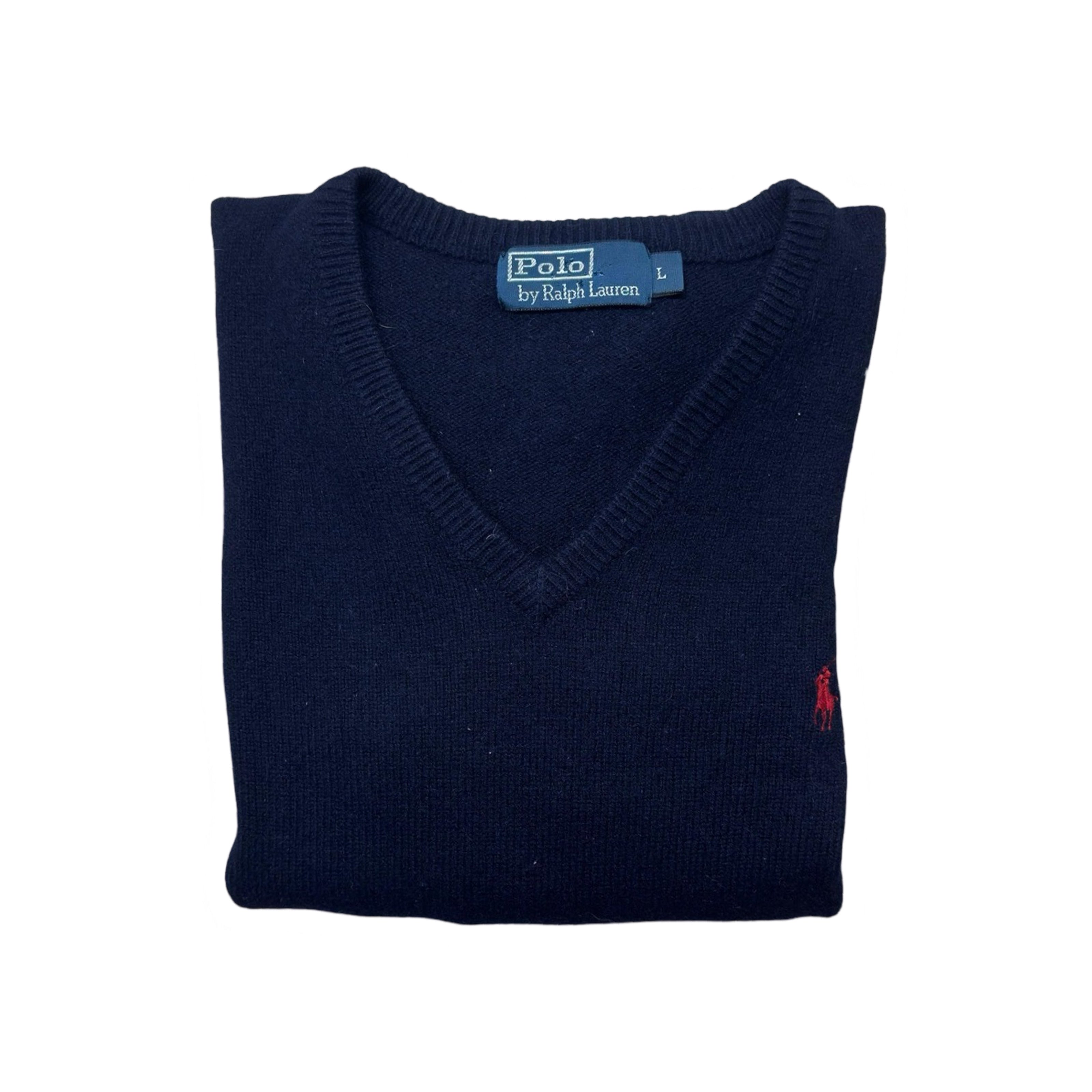 Ralph Lauren Navy V-Neck Lambswool Sweater | Large