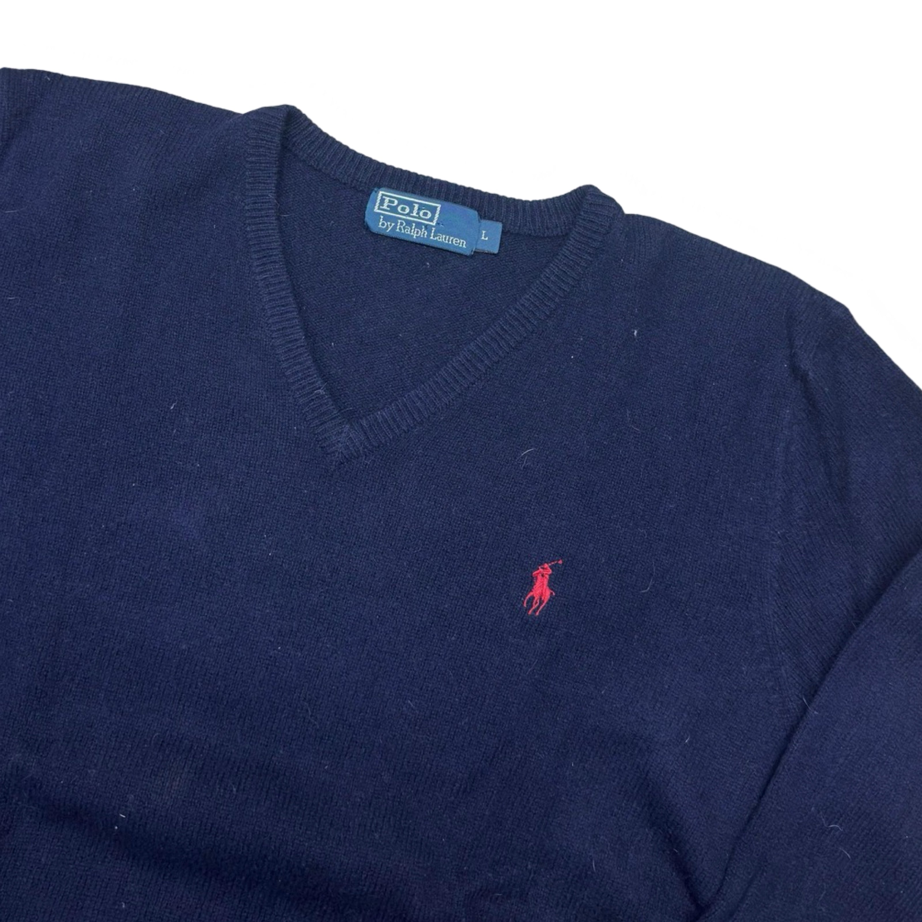 Ralph Lauren Navy V-Neck Lambswool Sweater | Large