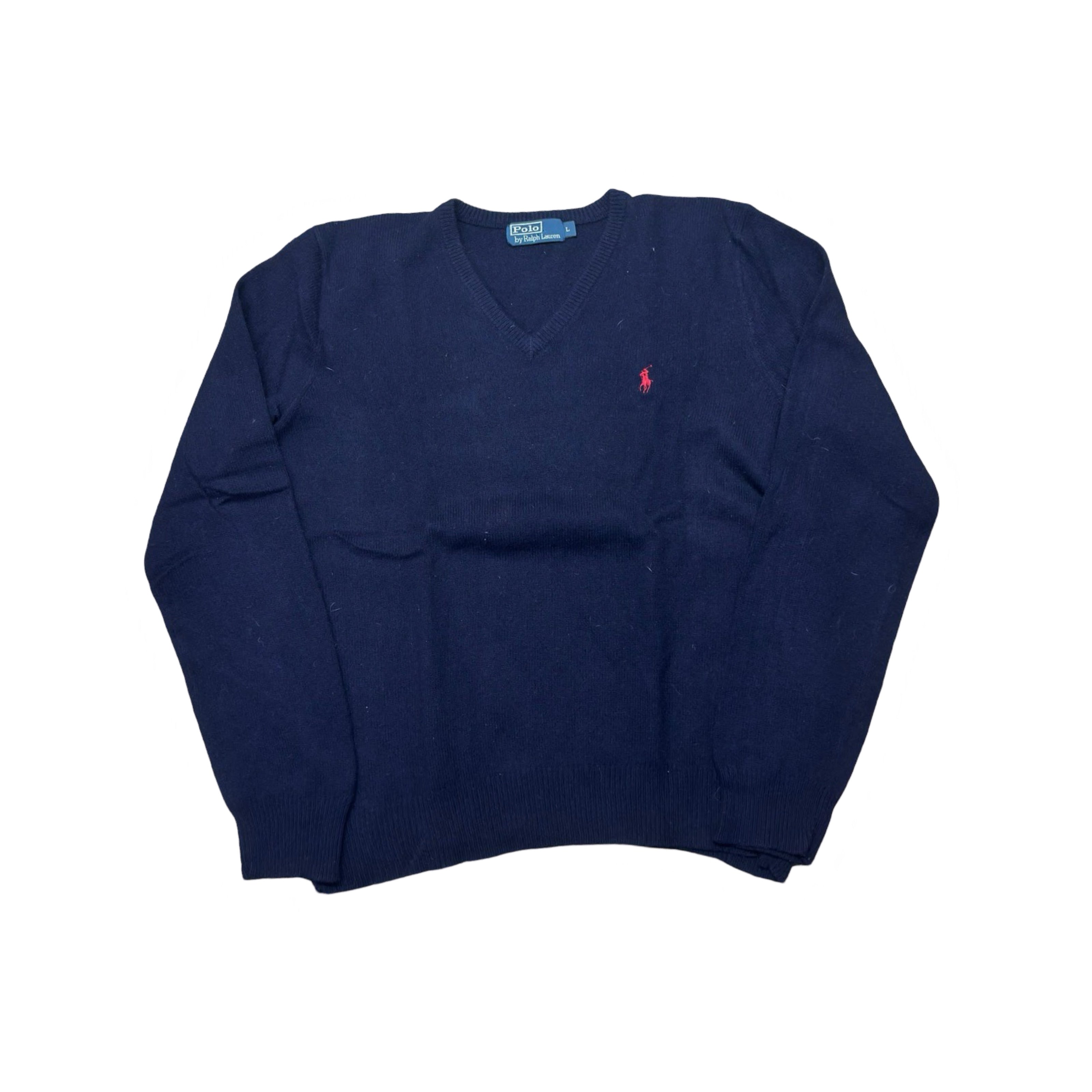Ralph Lauren Navy V-Neck Lambswool Sweater | Large