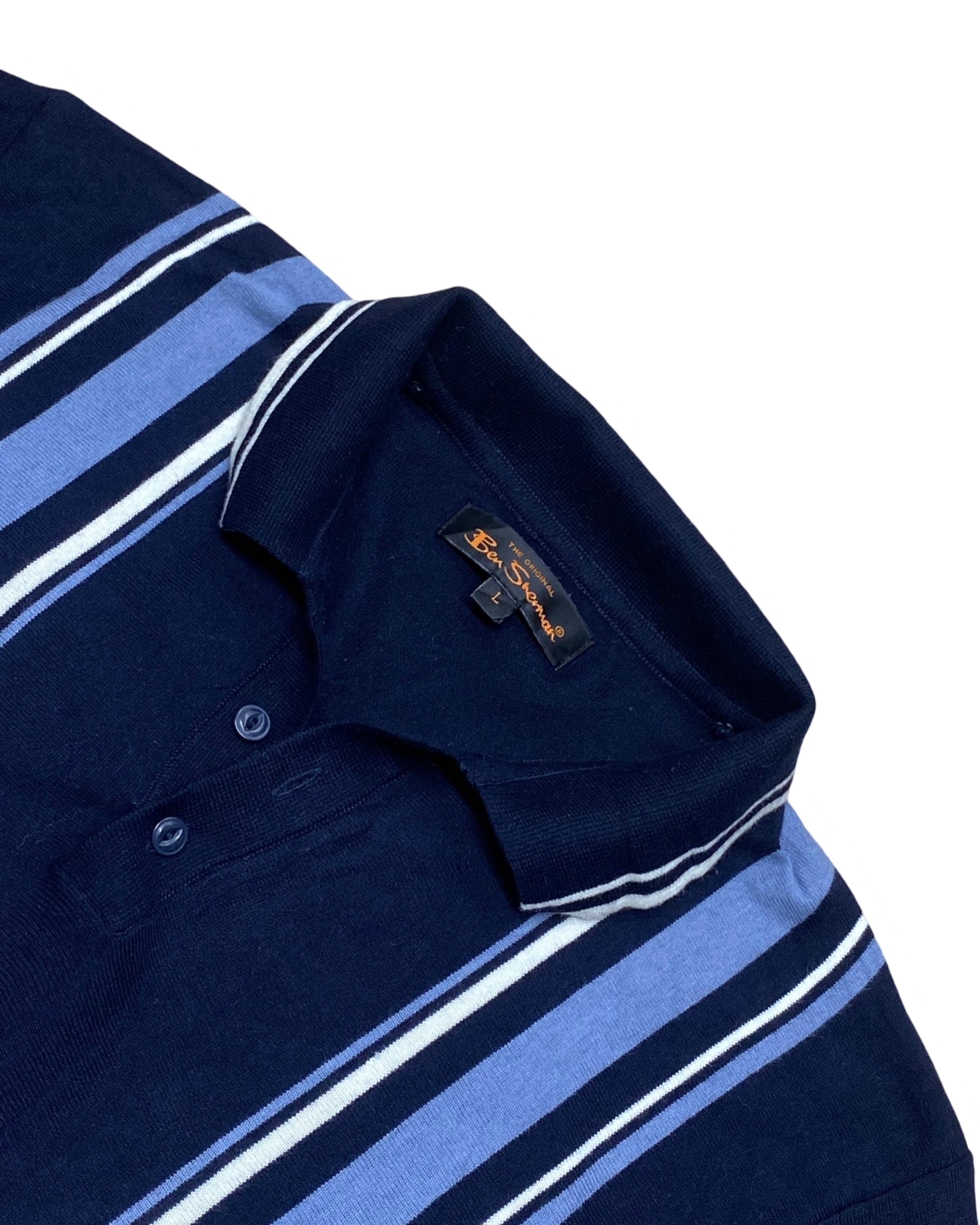 Ben Sherman Navy Striped Knitted Polo Shirt | Medium | Chest 20”