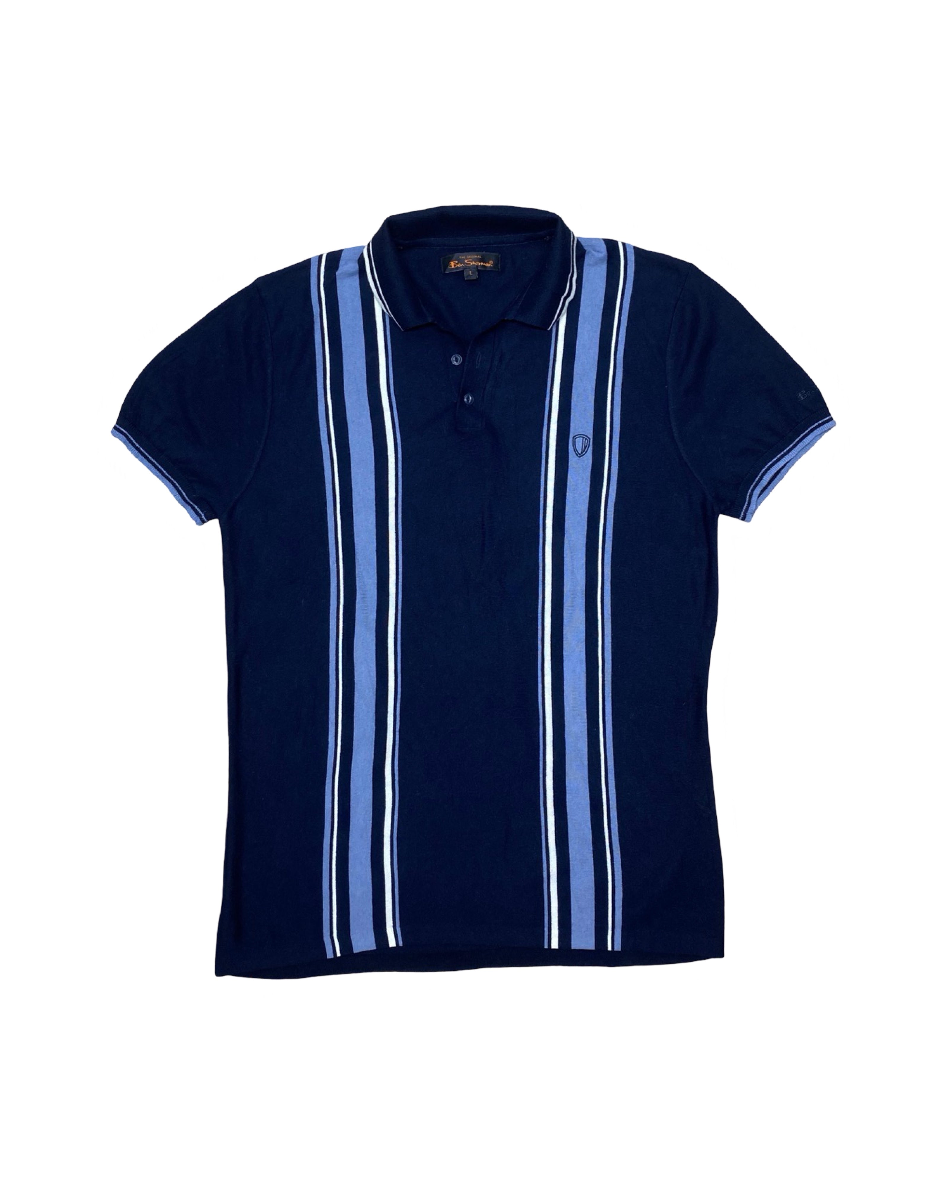 Ben Sherman Navy Striped Knitted Polo Shirt | Medium | Chest 20”
