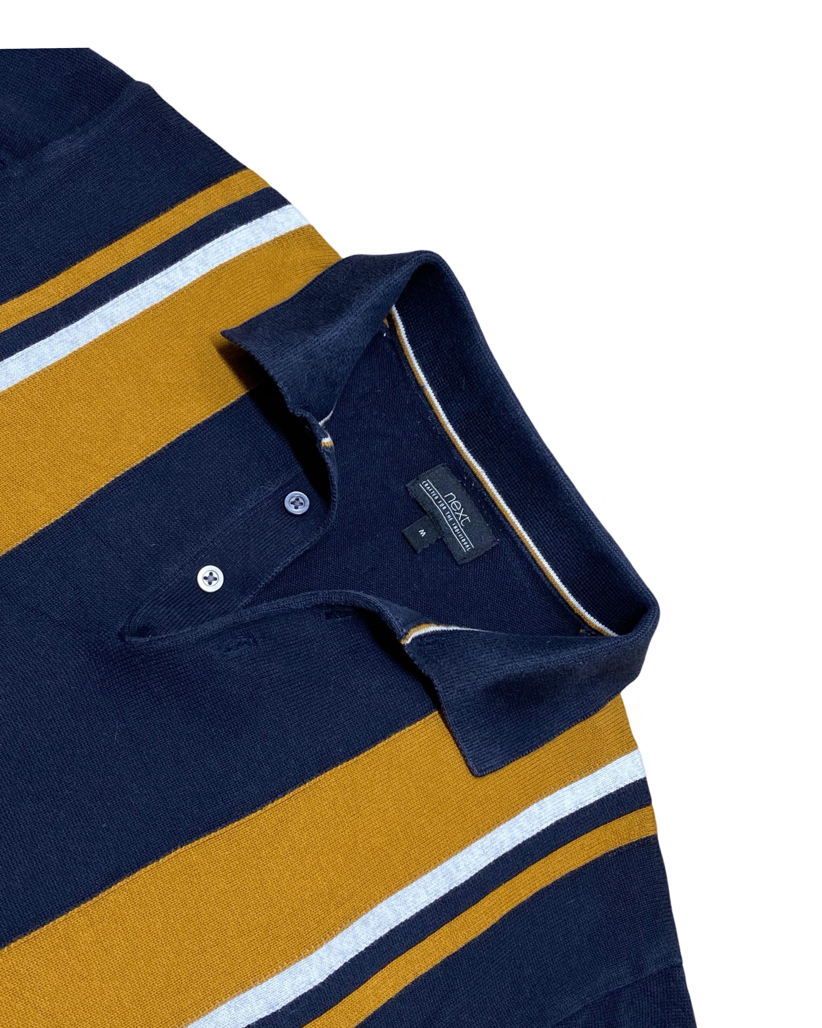 Next Navy & Mustard Striped Knitted Polo Shirt | Medium | Chest 19”