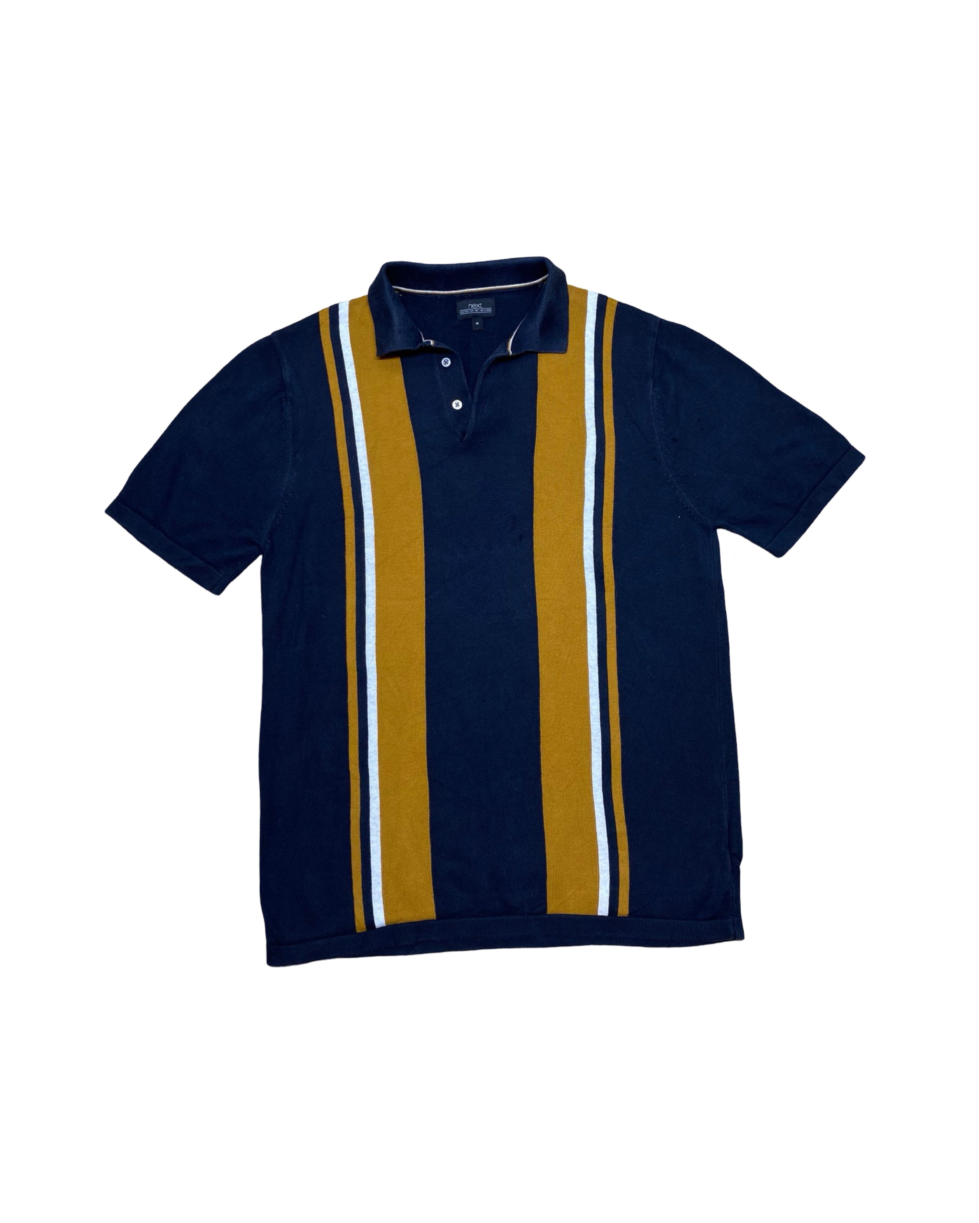 Next Navy & Mustard Striped Knitted Polo Shirt | Medium | Chest 19”
