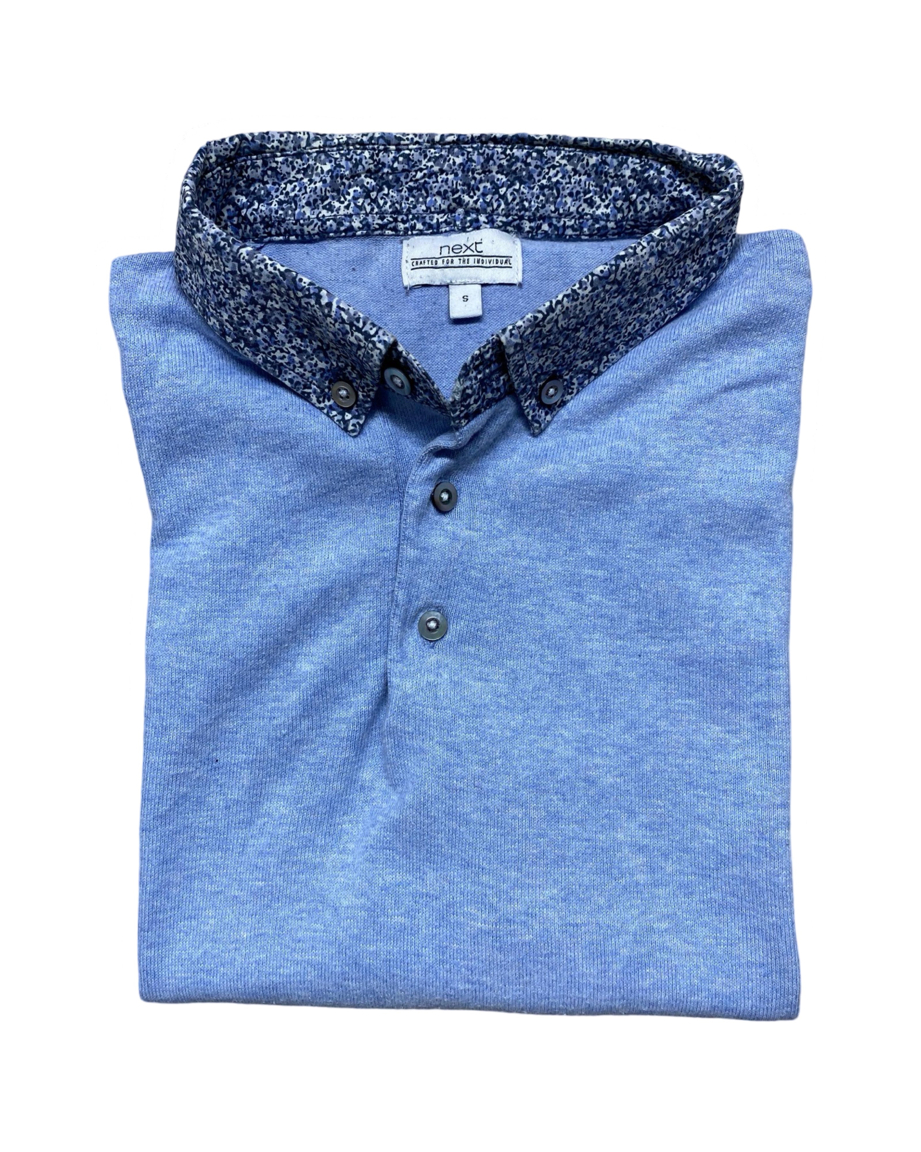 Next Light Blue Polo Shirt with Floral Collar | S | Chest 18”