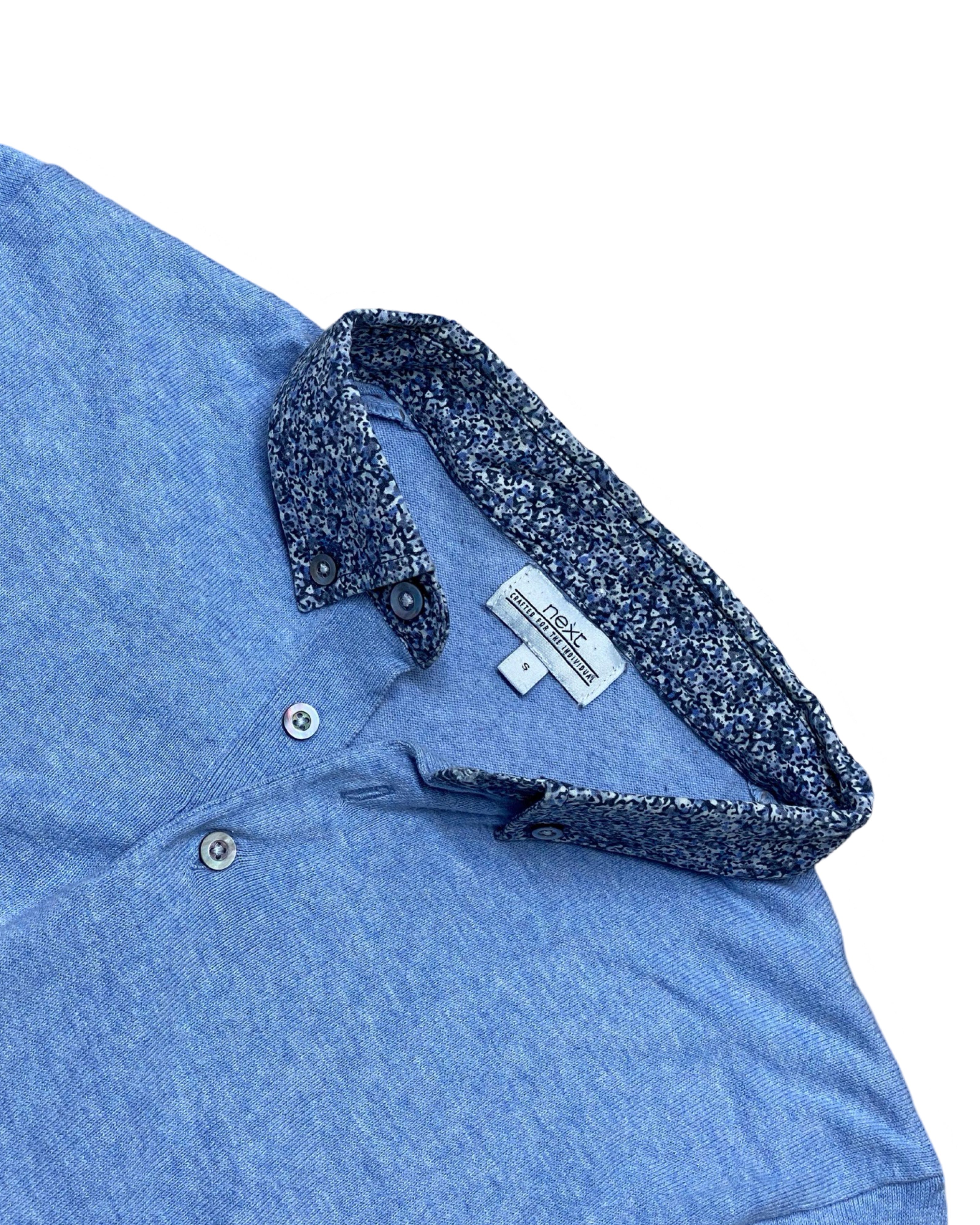 Next Light Blue Polo Shirt with Floral Collar | S | Chest 18”