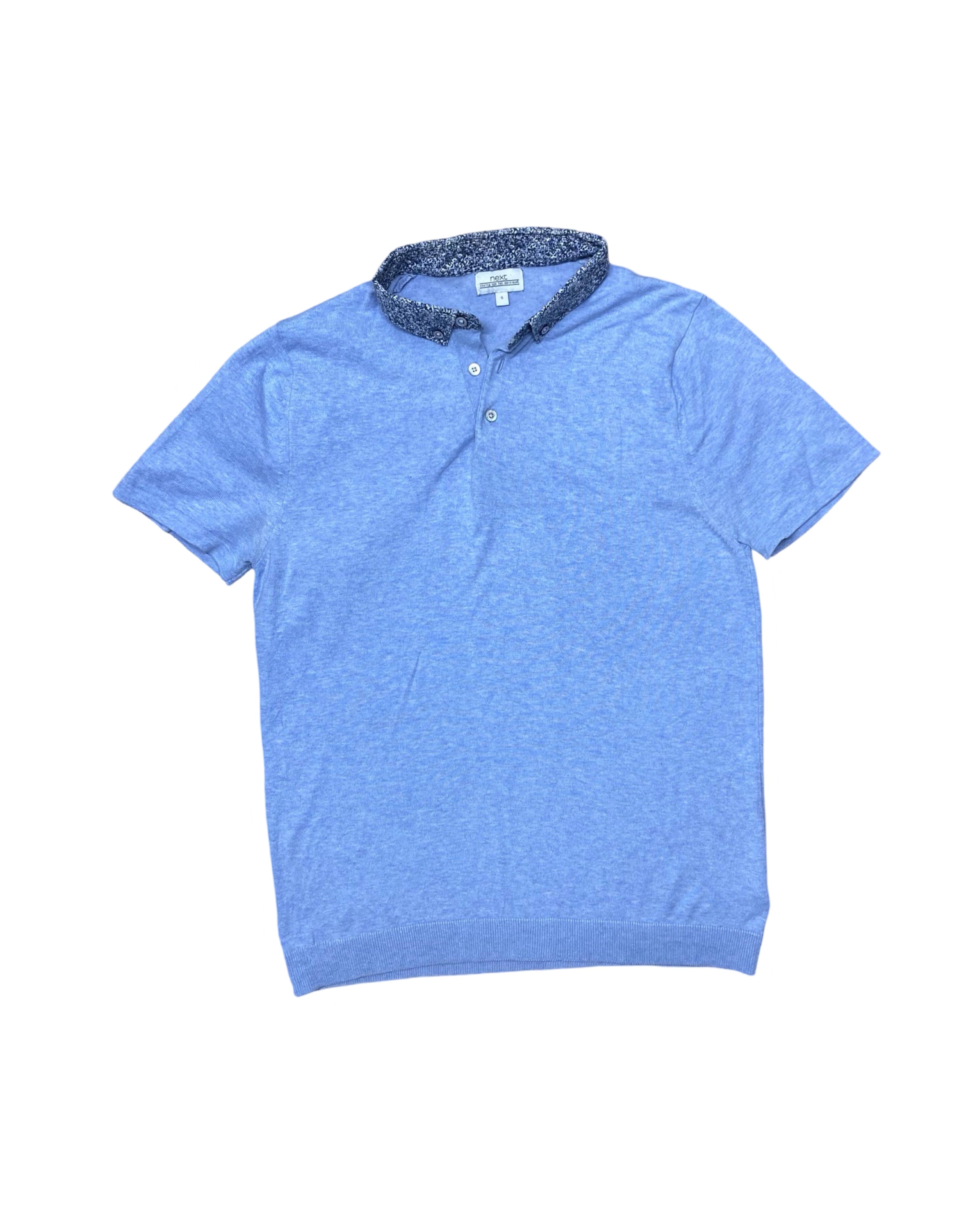 Next Light Blue Polo Shirt with Floral Collar | S | Chest 18”