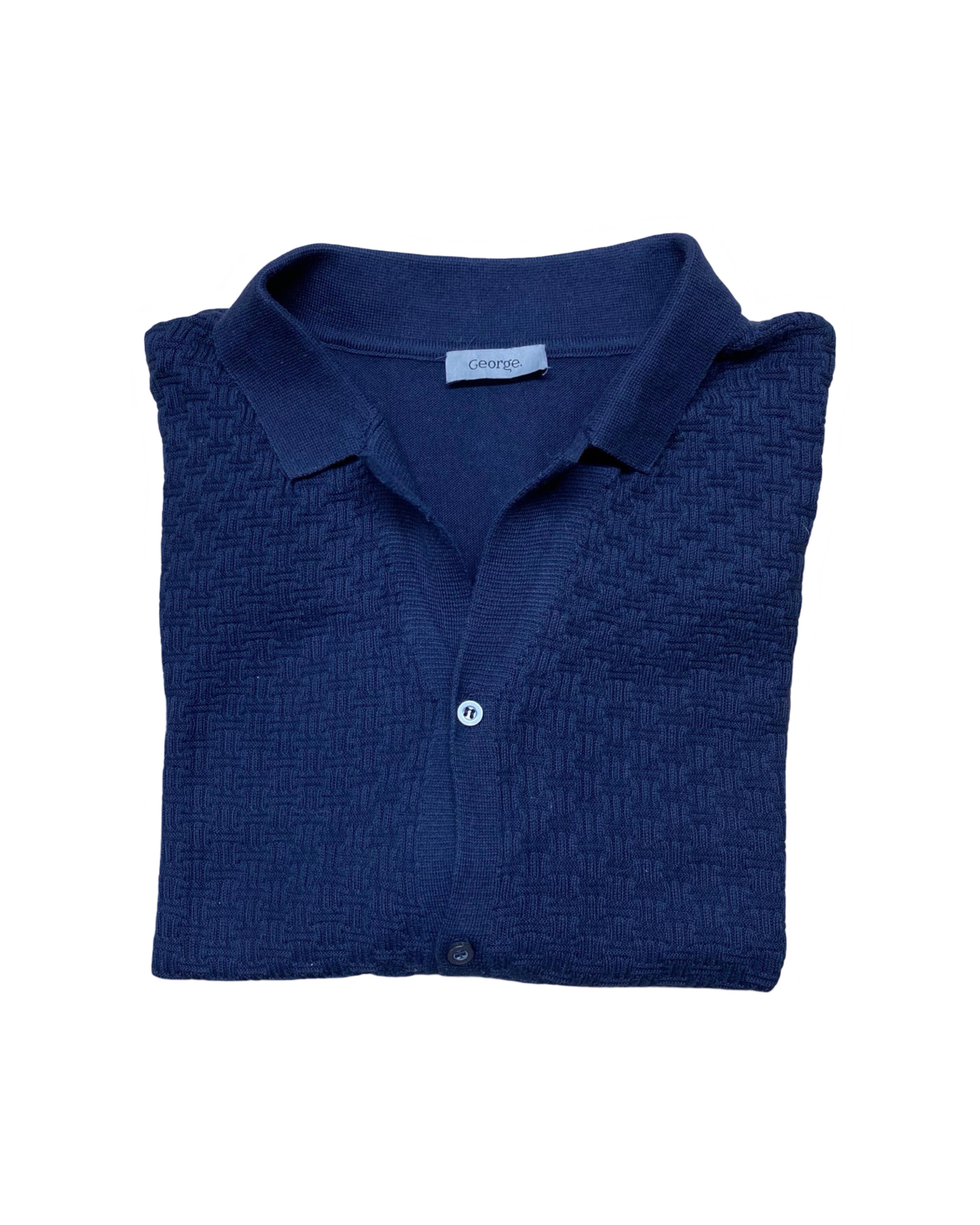George Blue Textured Button-Up Knitted Polo | 3XL | Chest 28”