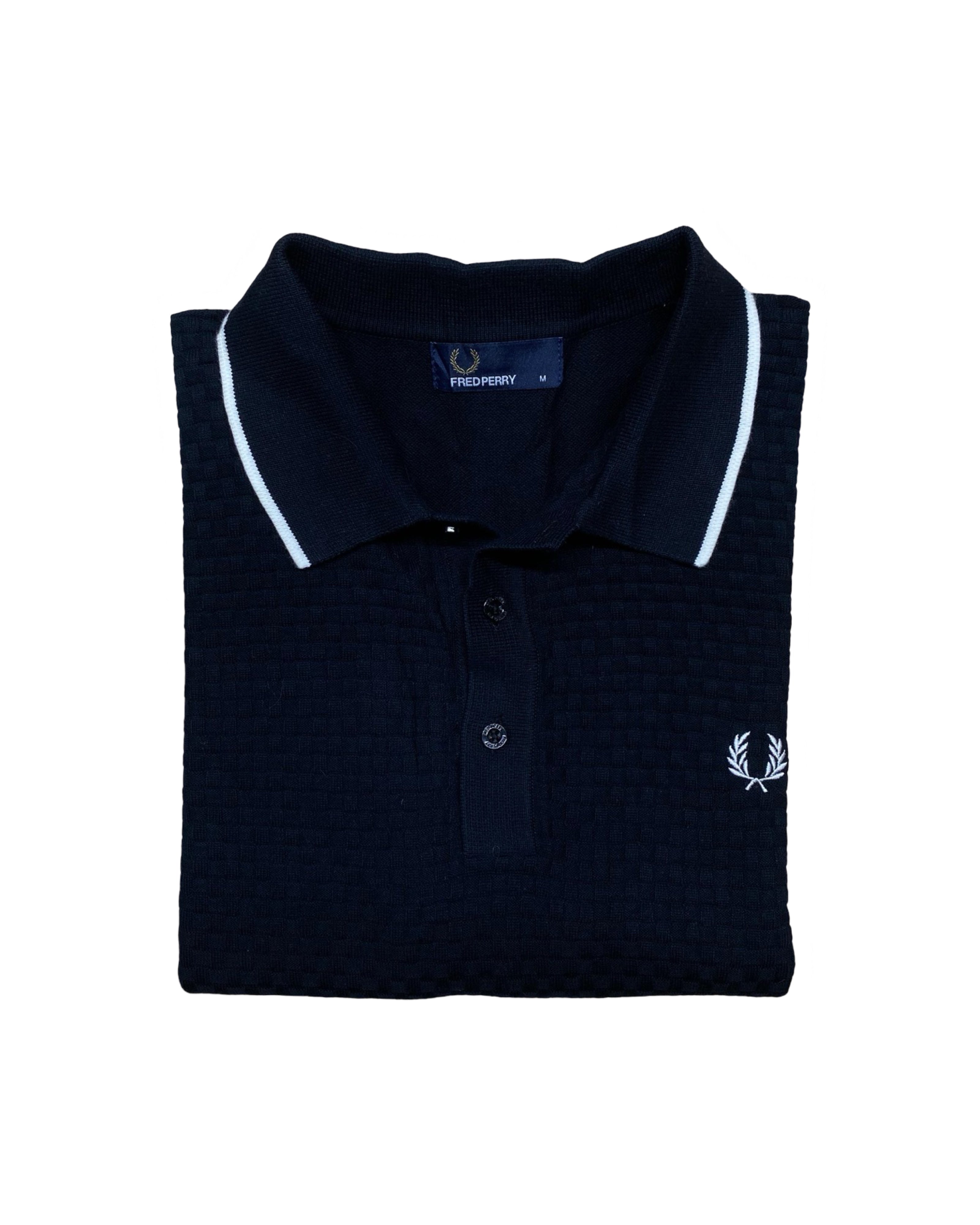 Fred Perry Black Textured Knit Polo Shirt | Medium | Chest 21”