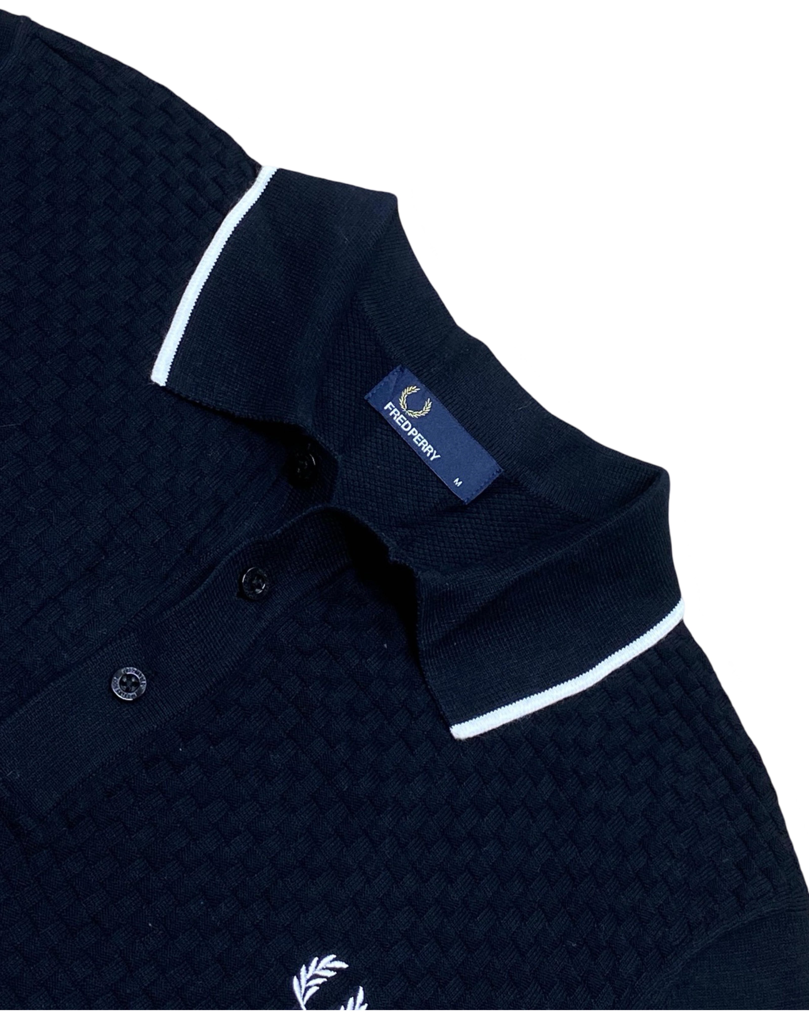 Fred Perry Black Textured Knit Polo Shirt | Medium | Chest 21”