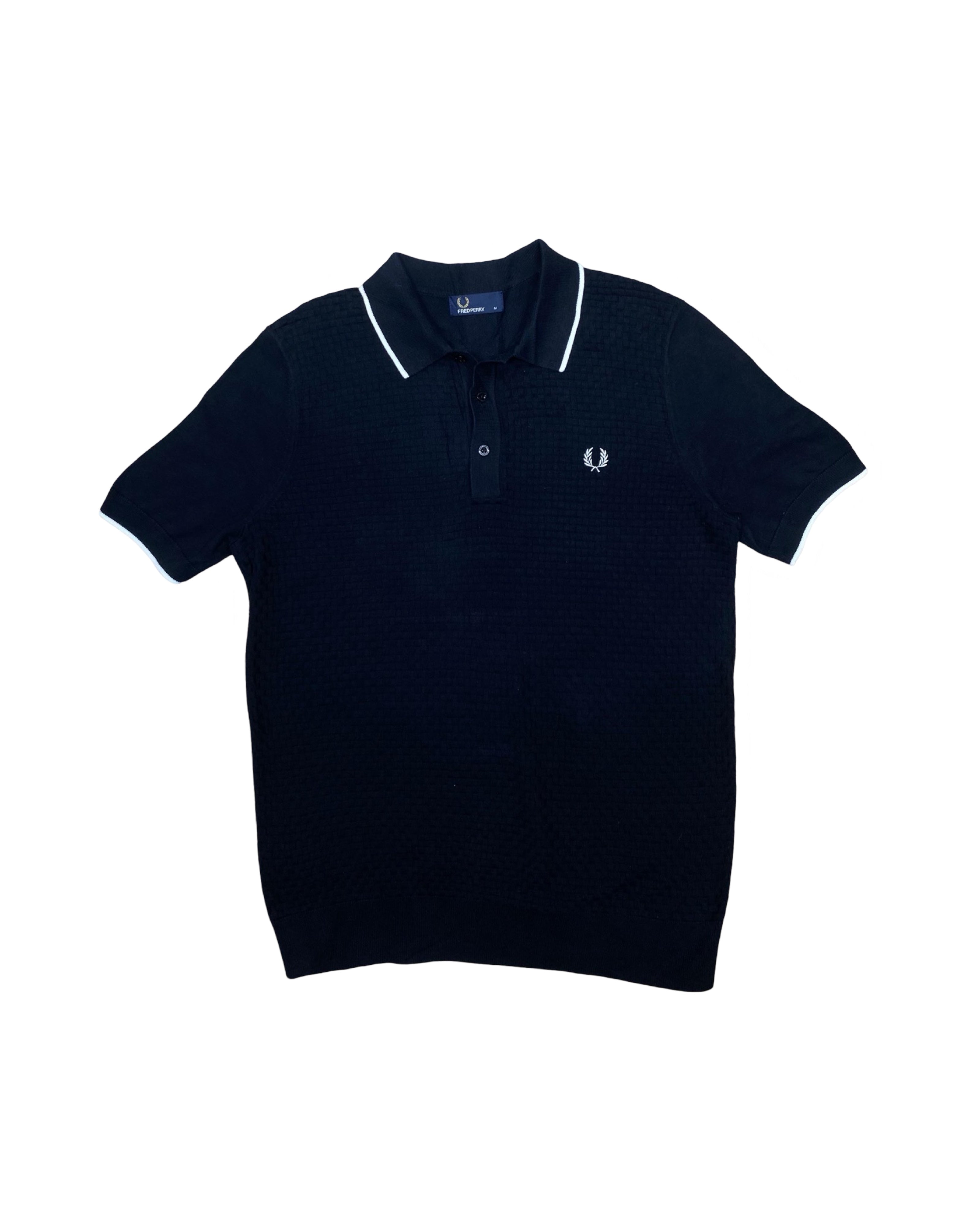 Fred Perry Black Textured Knit Polo Shirt | Medium | Chest 21”