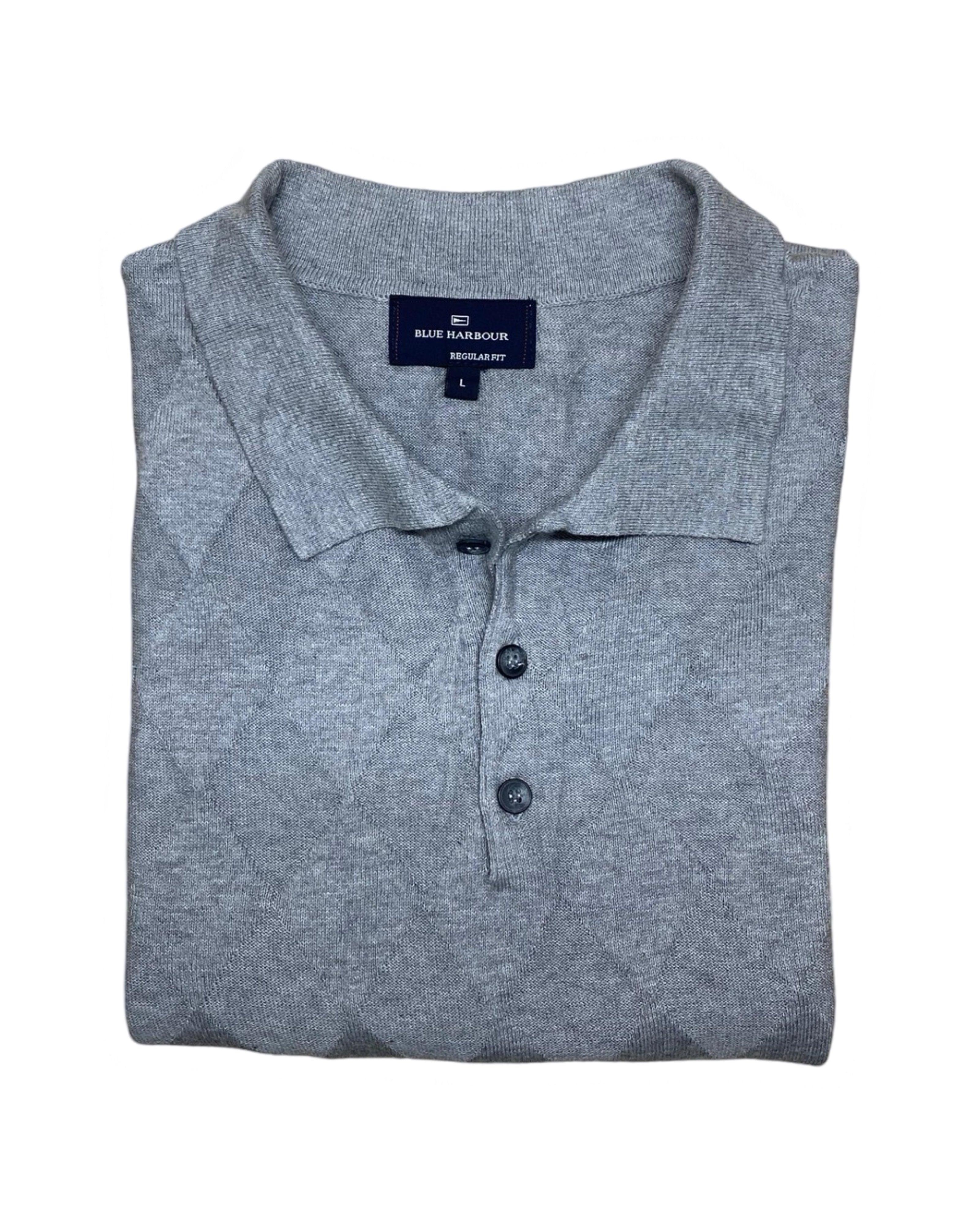 Blue Harbour Grey Textured Knit Polo Shirt | Medium | Chest 21”