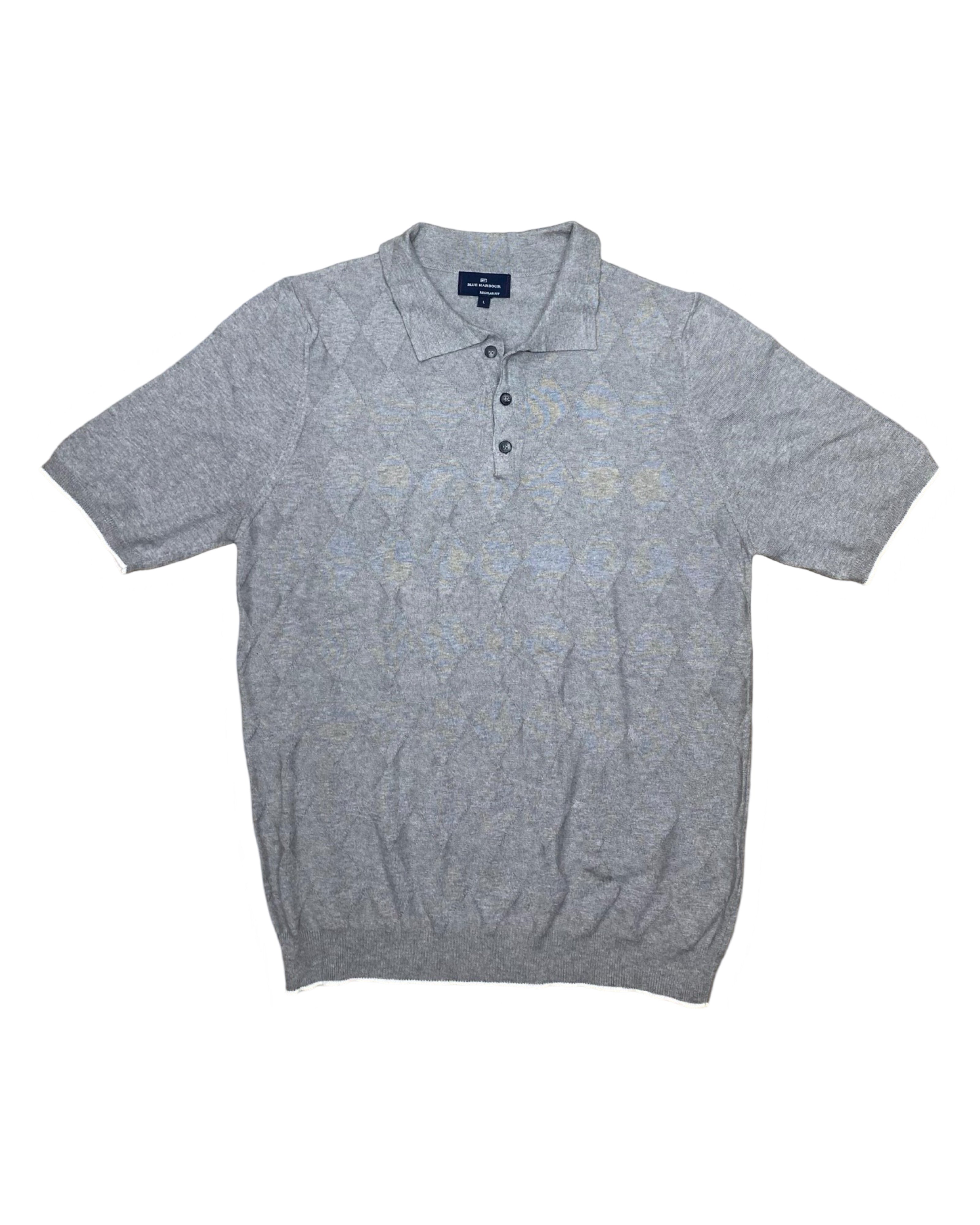 Blue Harbour Grey Textured Knit Polo Shirt | Medium | Chest 21”