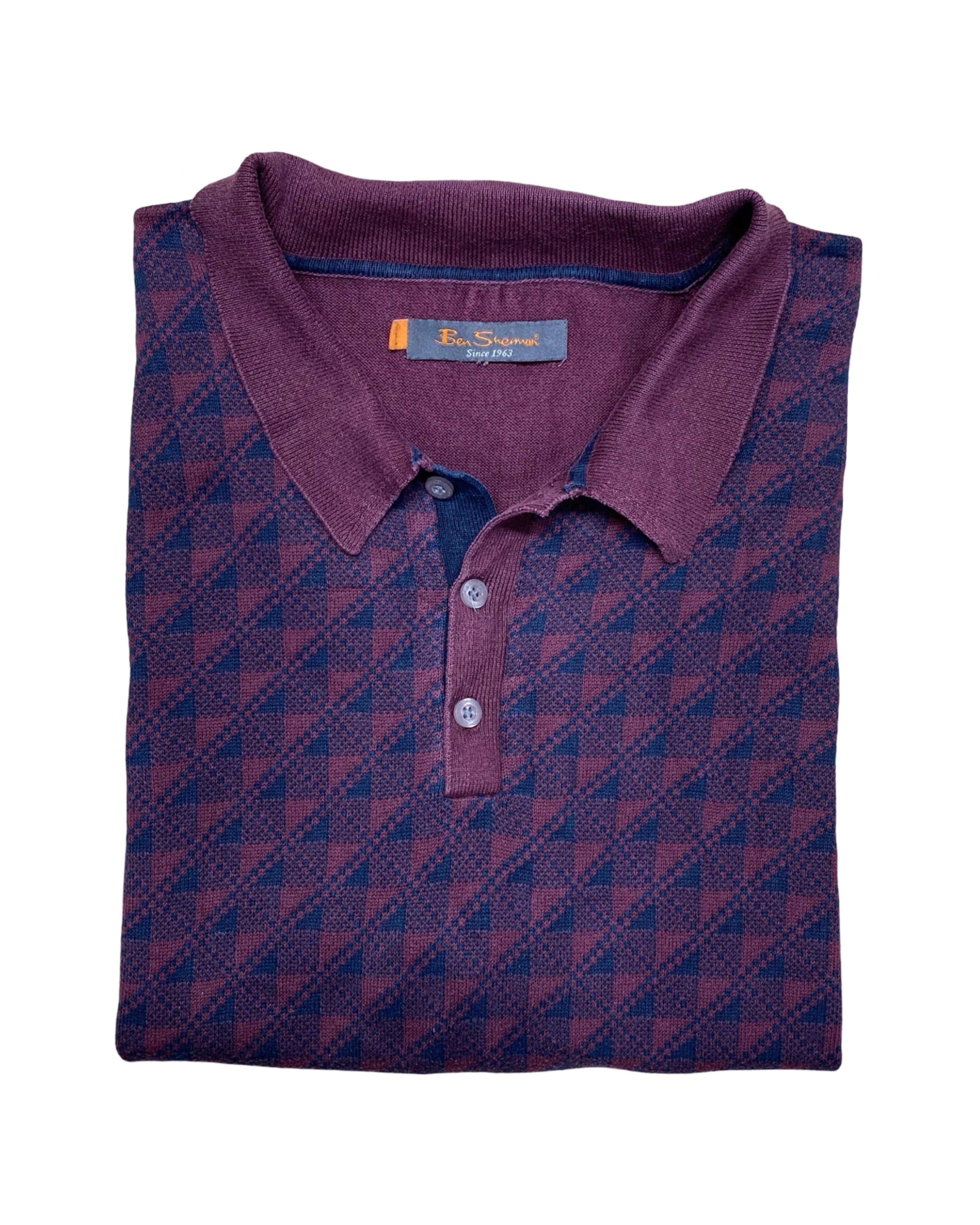 Ben Sherman Burgundy Geo Knit Polo Shirt | Large | Chest 24”