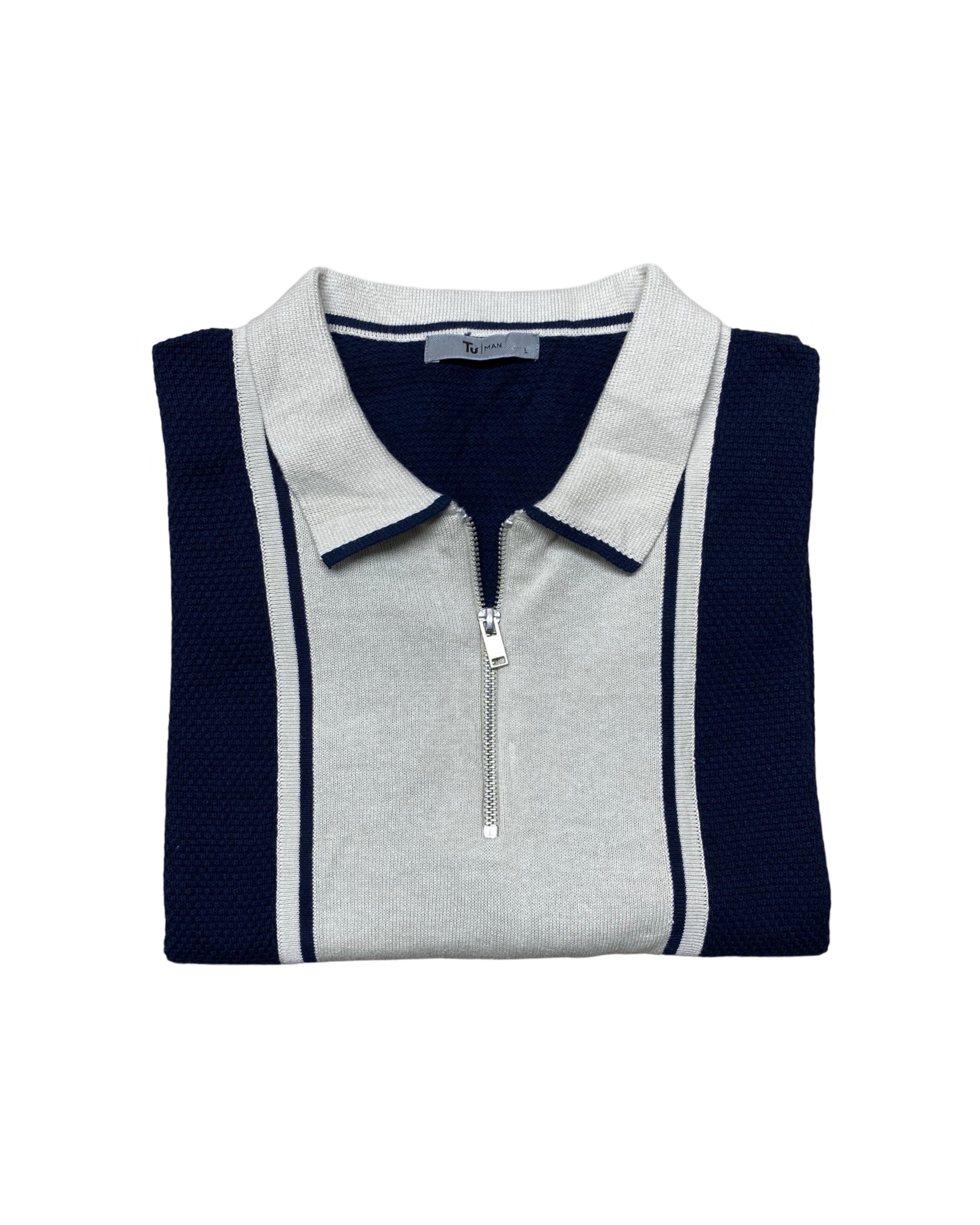 TU Man Blue & White Panel Zip Polo Shirt | Medium | Chest 22”